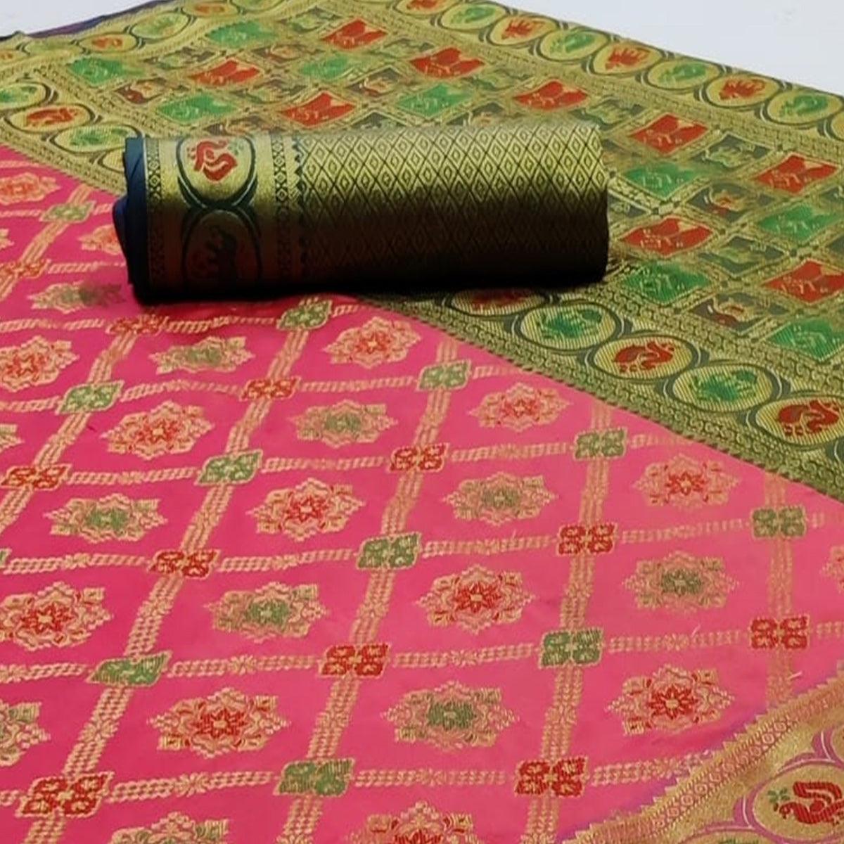 Blooming Pink Colored Festive Wear Woven Silk Saree - Peachmode