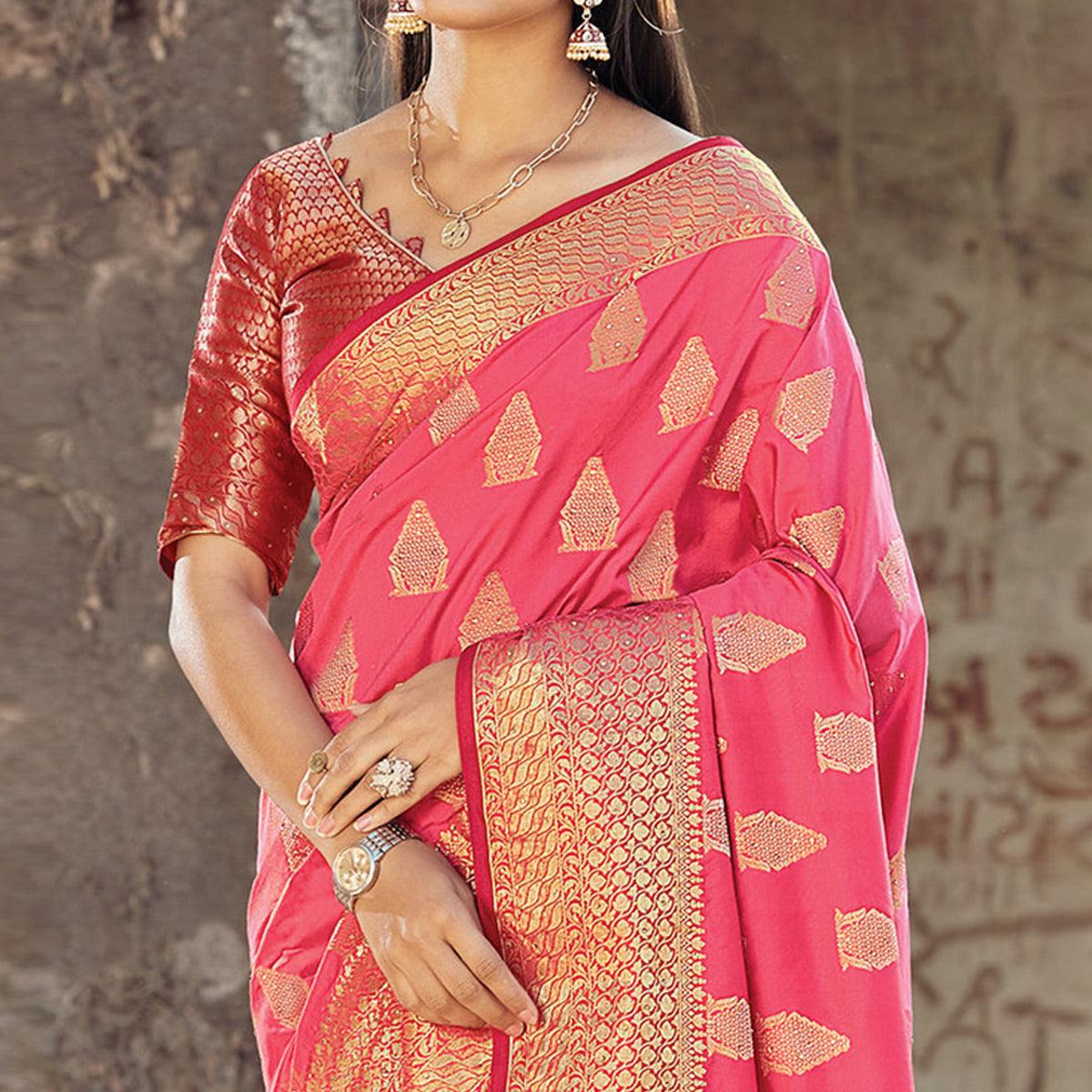 Blooming Pink Colored Festive Wear Woven Silk Saree - Peachmode