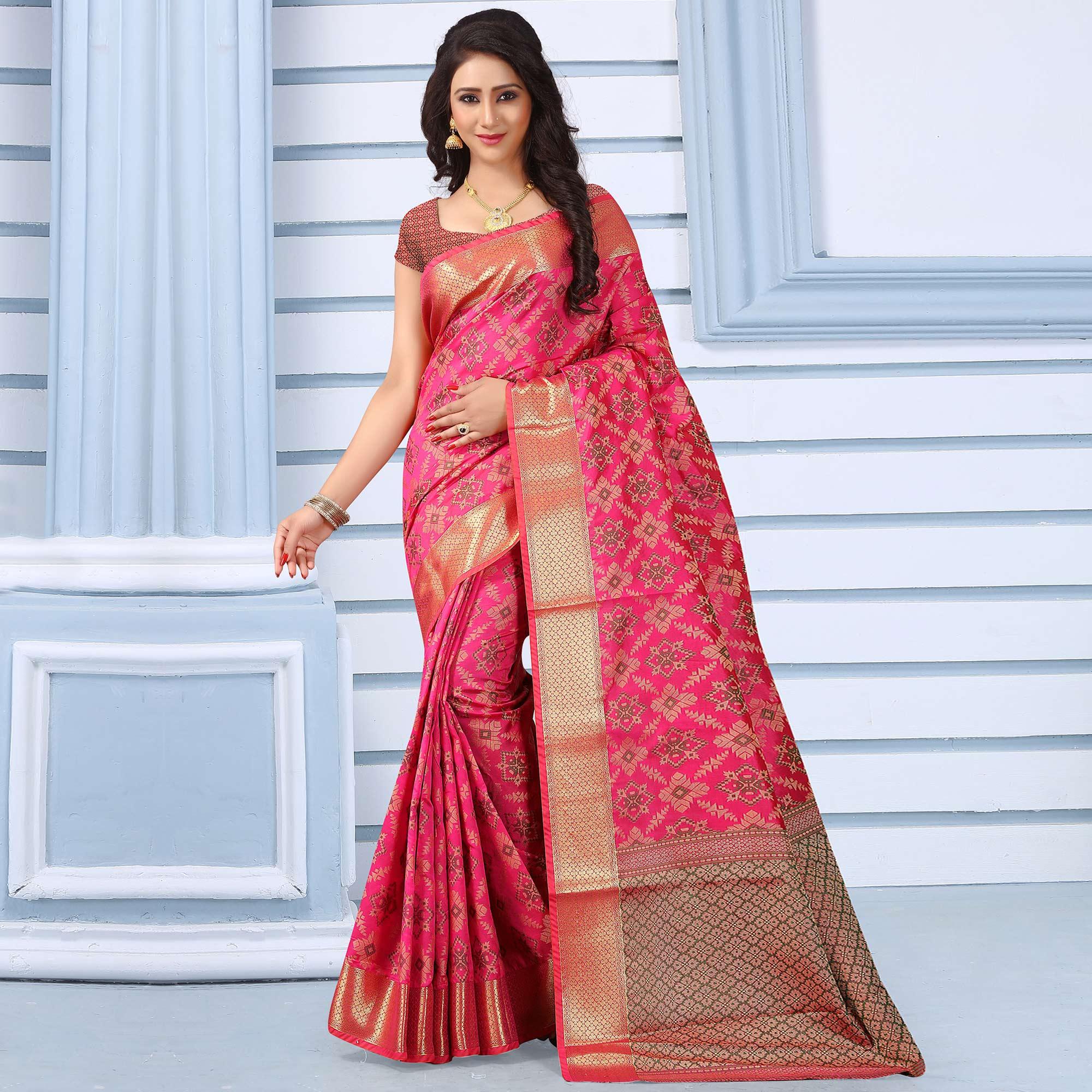 Blooming Pink Colored Festive Wear Woven Silk Saree - Peachmode