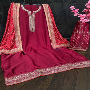 Blooming Pink Colored Partywear Embroidered Satin Georgette Palazzo Suit - Peachmode