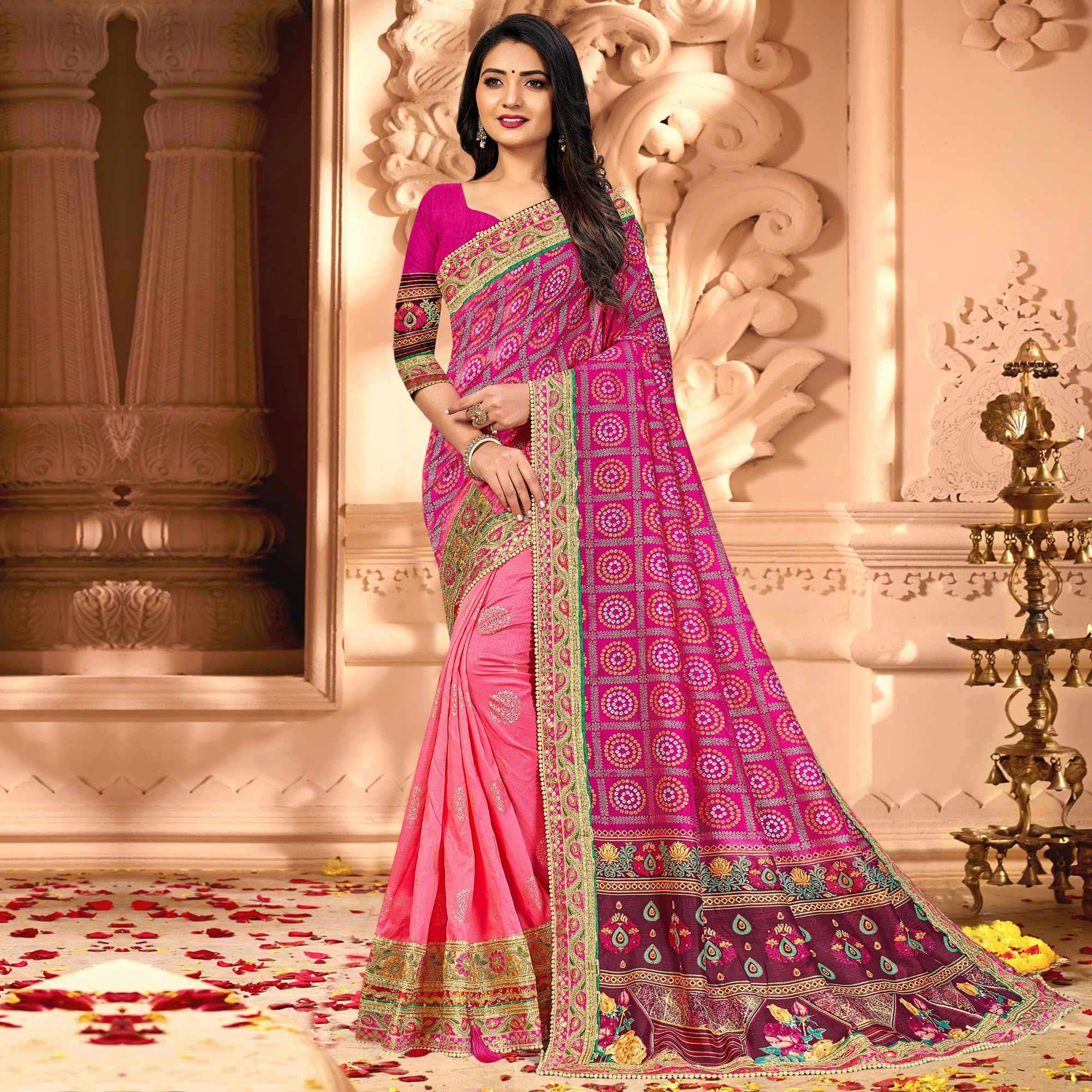 Blooming Pink Coloured Partywear Diamond Work Half & Half Art Silk Saree - Peachmode