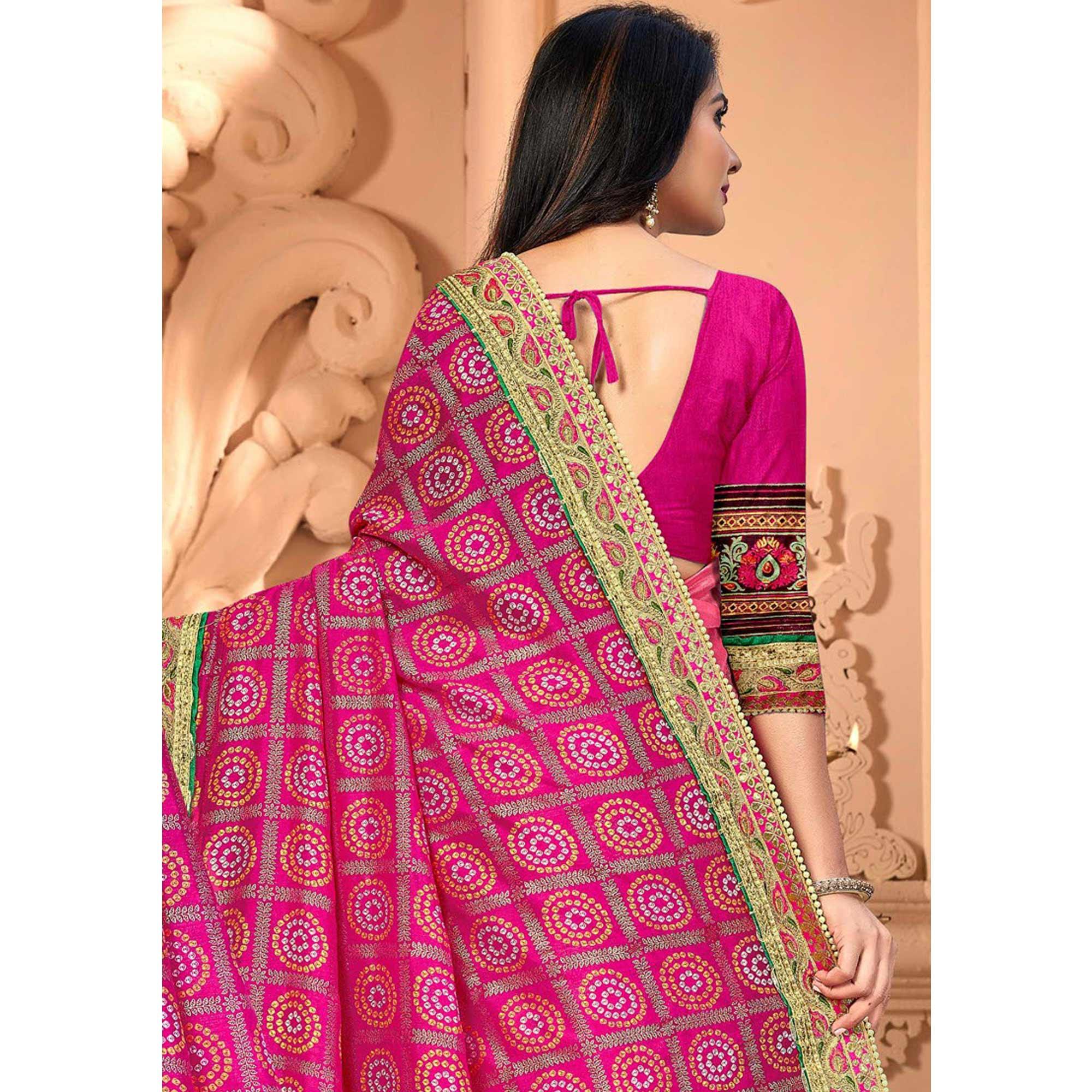 Blooming Pink Coloured Partywear Diamond Work Half & Half Art Silk Saree - Peachmode