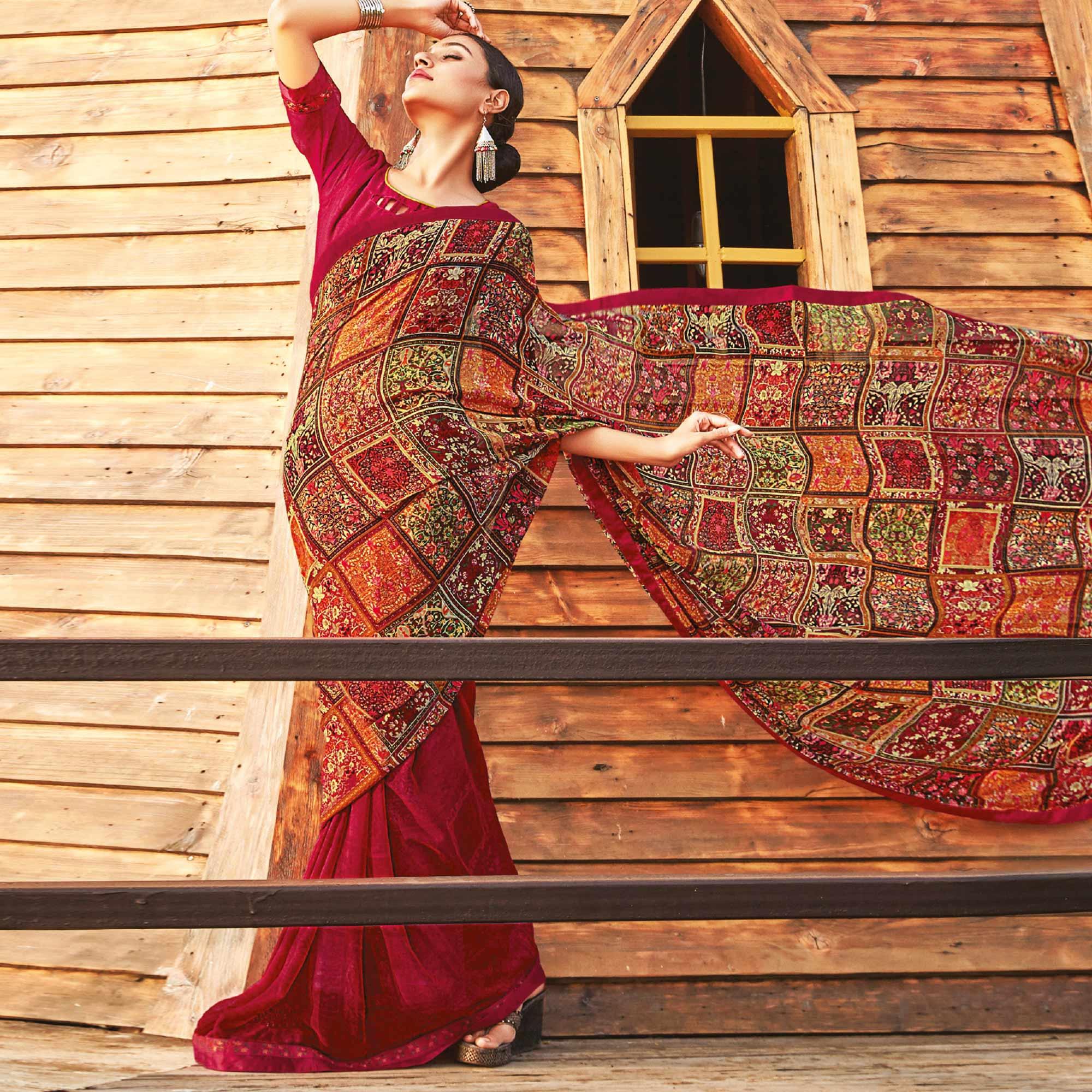 Blooming Pink Coloured Partywear Pure Georgette Floral Printed Saree With Fancy Lace Border - Peachmode