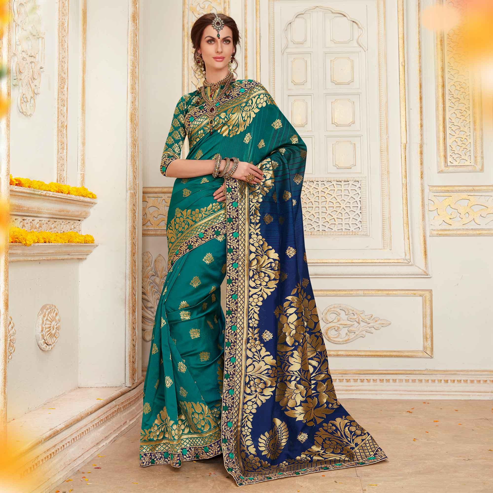 Blooming Rama Blue Colored Festive Wear Woven Work Banarasi Silk Saree - Peachmode
