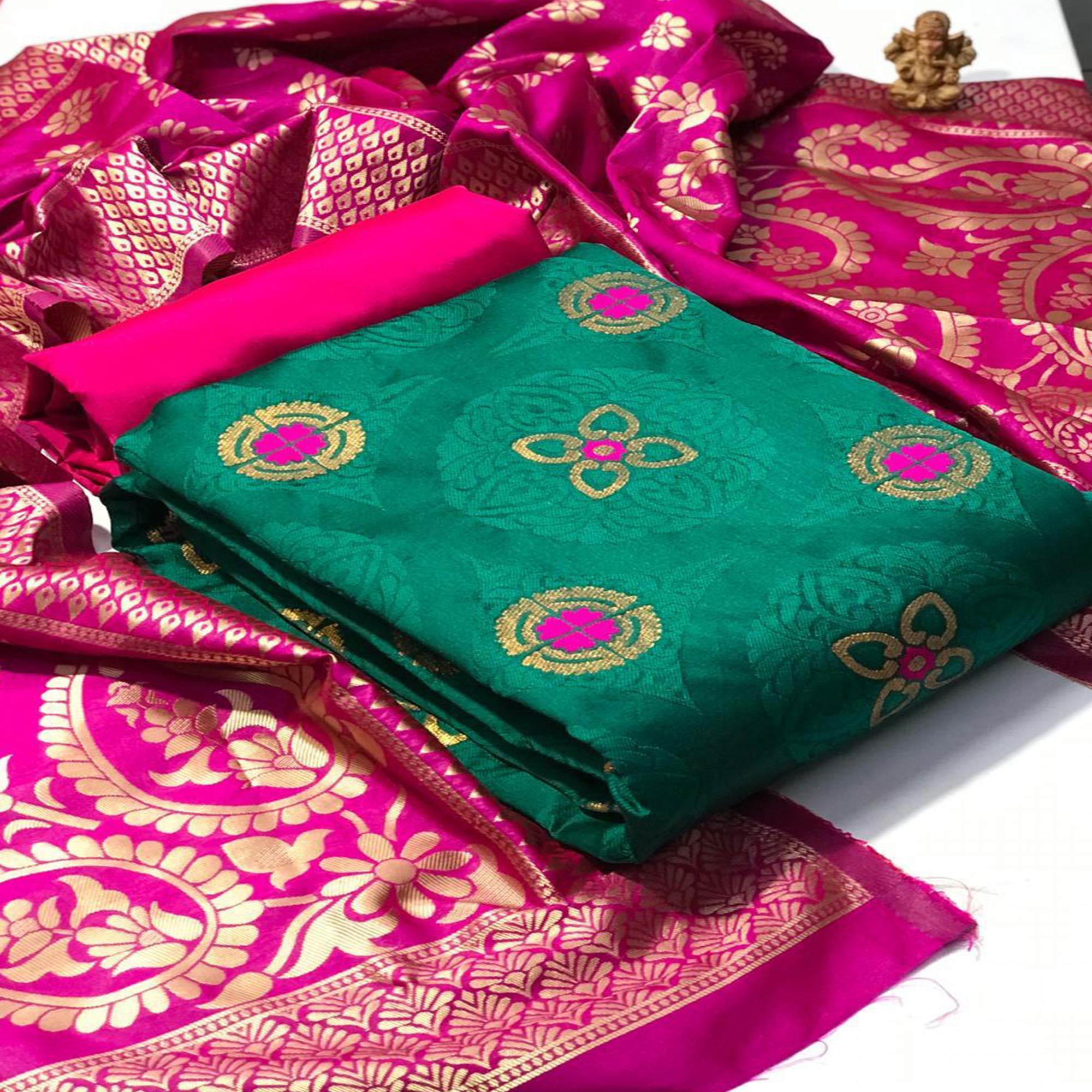 Blooming Rama Colored Casual Wear Banarasi Silk Dress Material - Peachmode