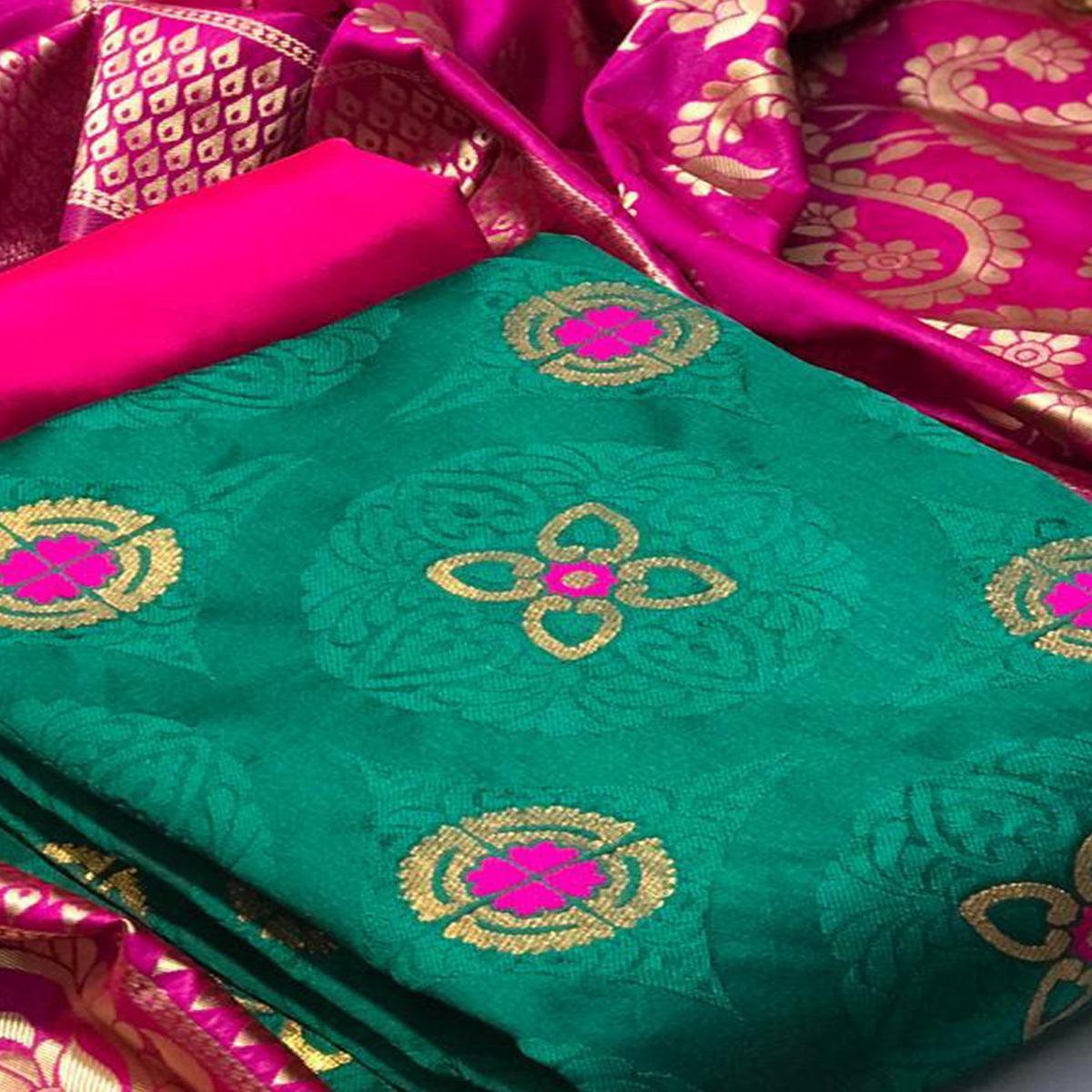 Blooming Rama Colored Casual Wear Banarasi Silk Dress Material - Peachmode