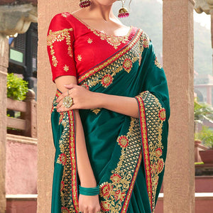 Blooming Rama Green Colored Partywear Embroidered Satin - Gerogette Saree - Peachmode