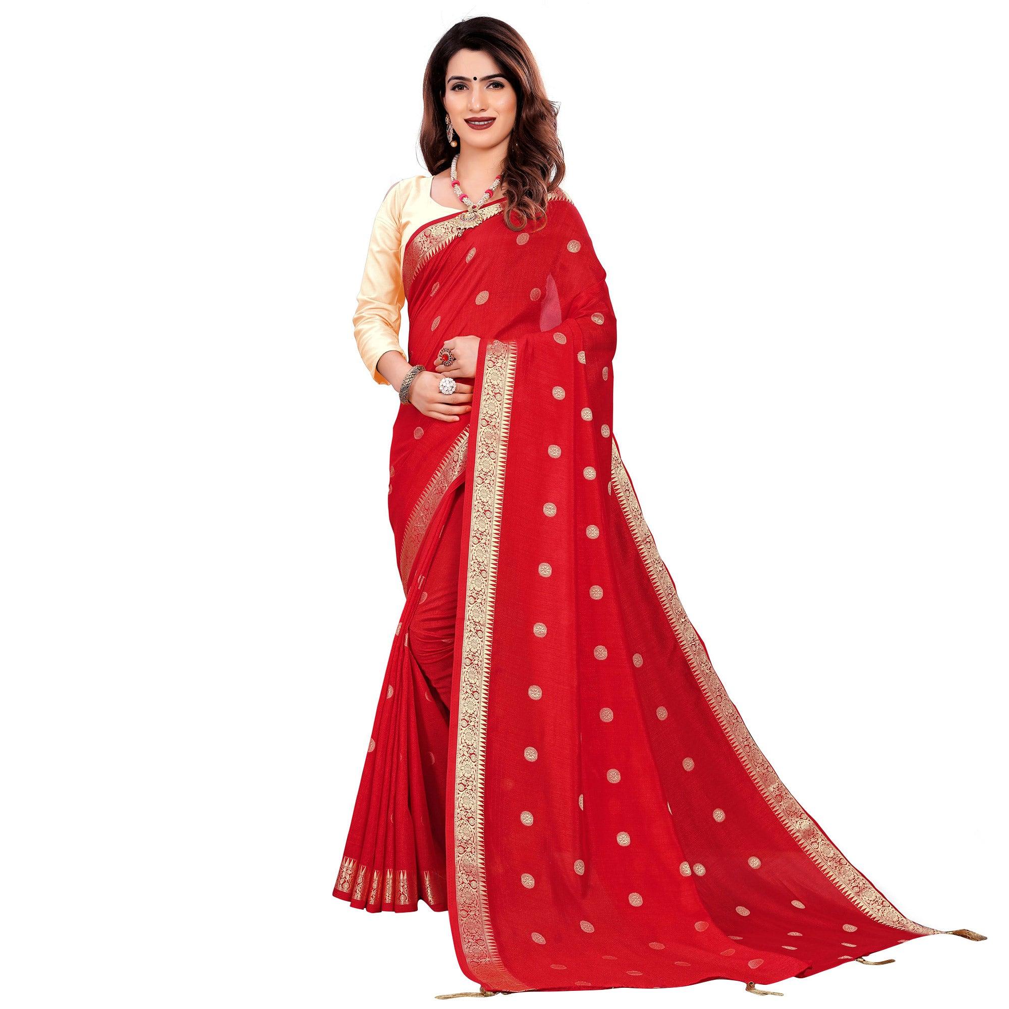 Blooming Red Colored Casual Wear Embroidered Art Silk Saree With Tassels - Peachmode
