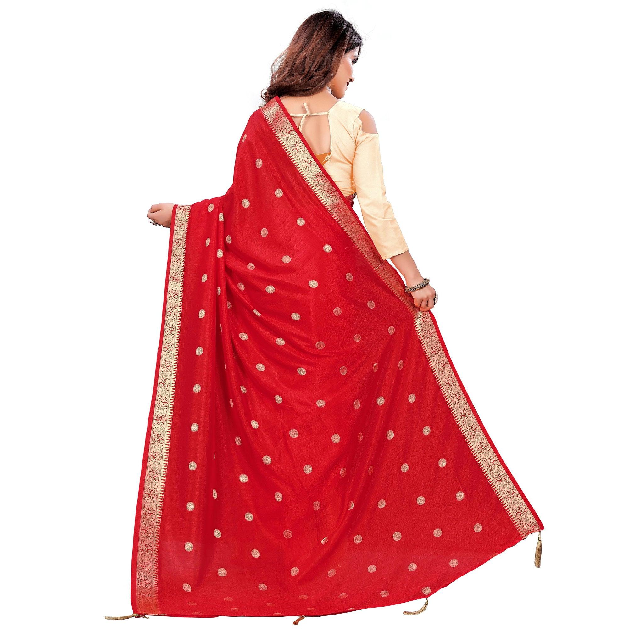Blooming Red Colored Casual Wear Embroidered Art Silk Saree With Tassels - Peachmode