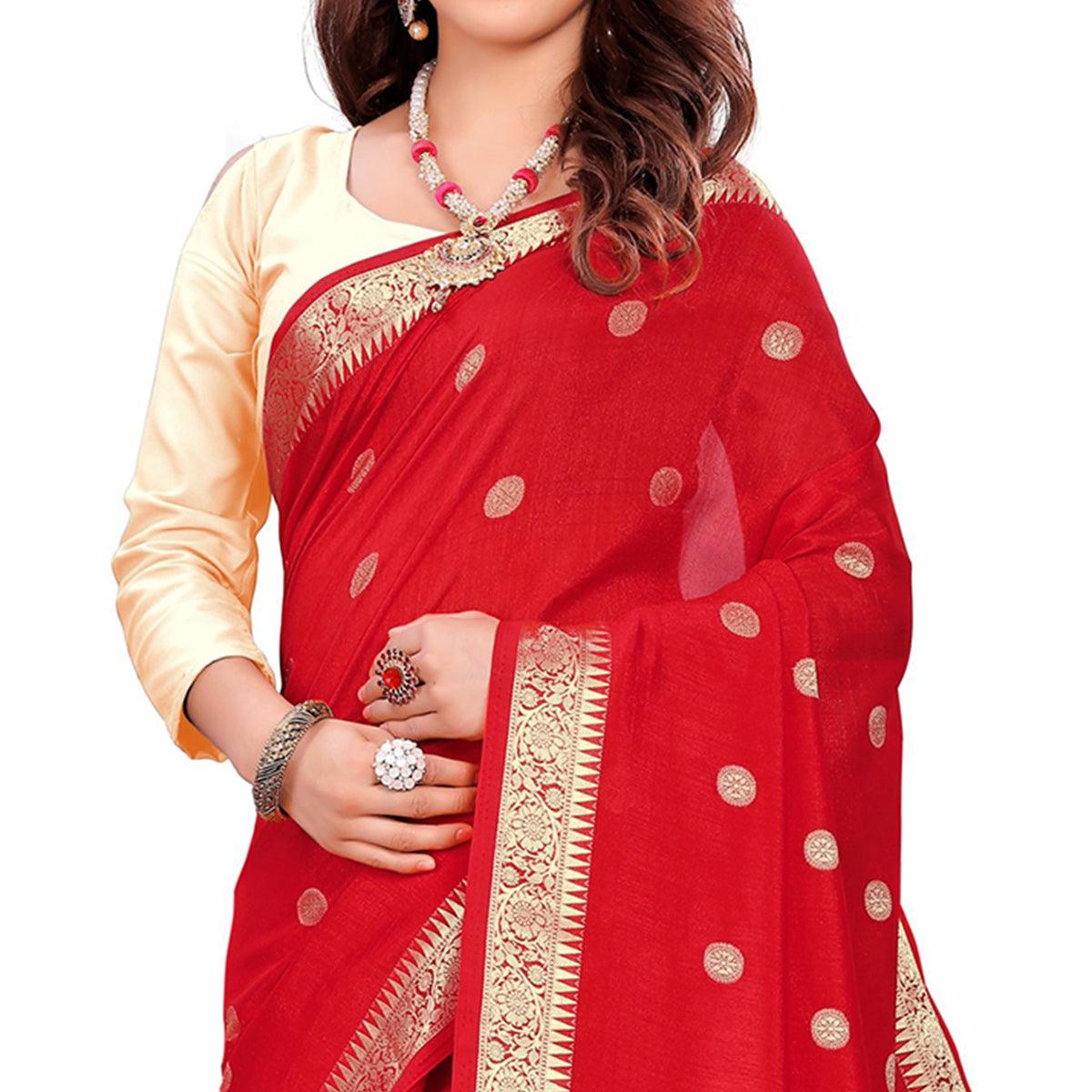 Blooming Red Colored Casual Wear Embroidered Art Silk Saree With Tassels - Peachmode