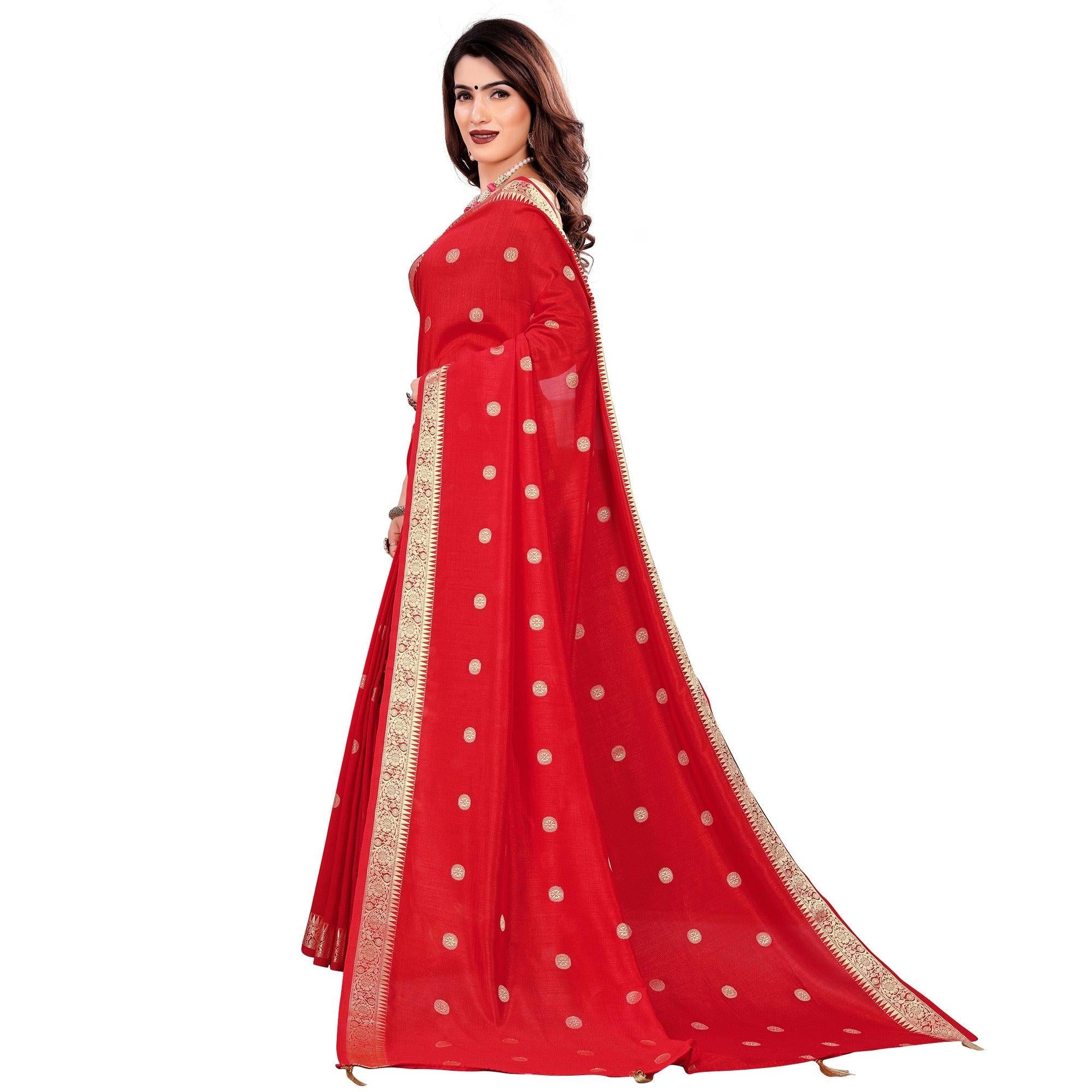 Blooming Red Colored Casual Wear Embroidered Art Silk Saree With Tassels - Peachmode