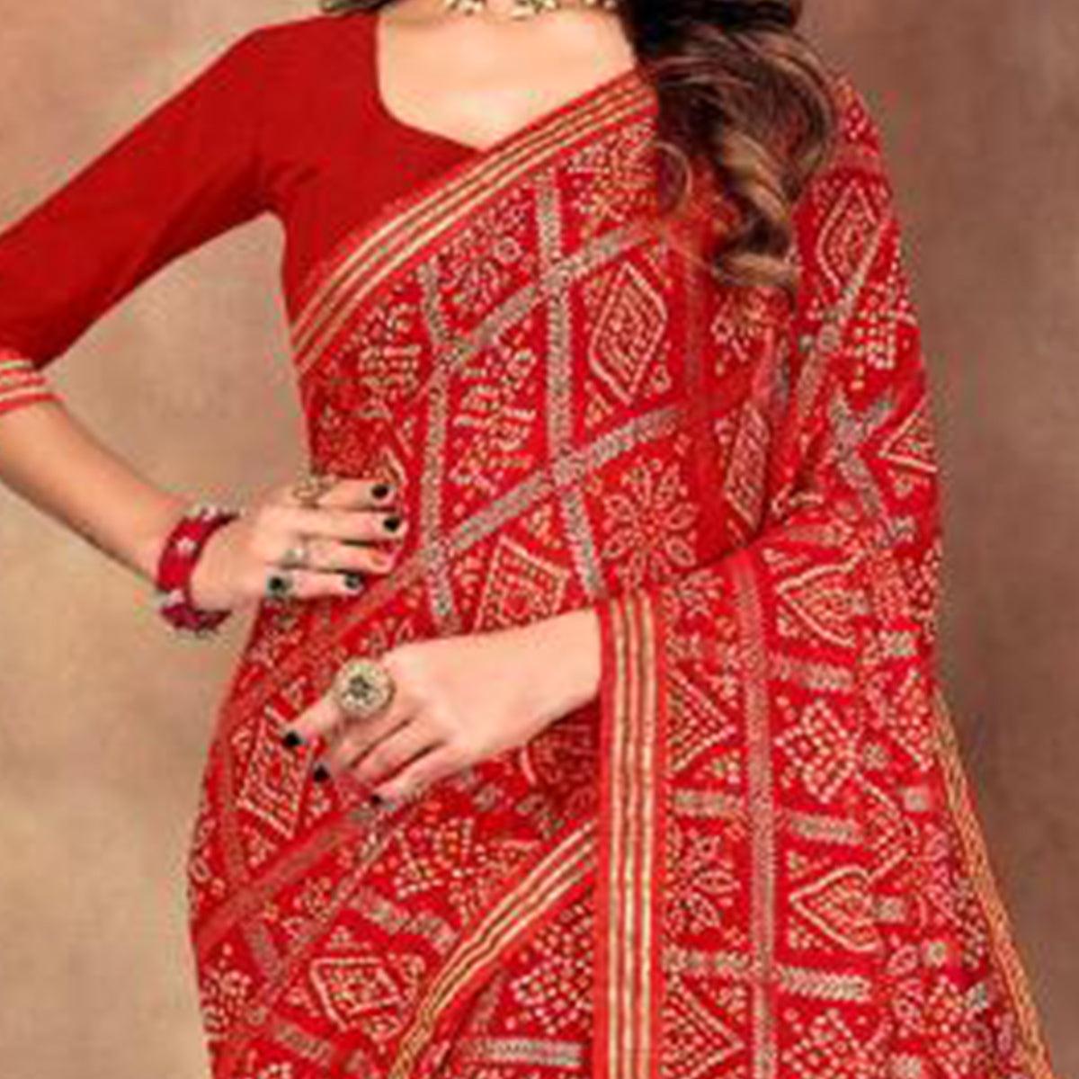 Blooming Red Colored Festive Wear Bandhani Print With Gotta Border Heavy Georgette Saree - Peachmode