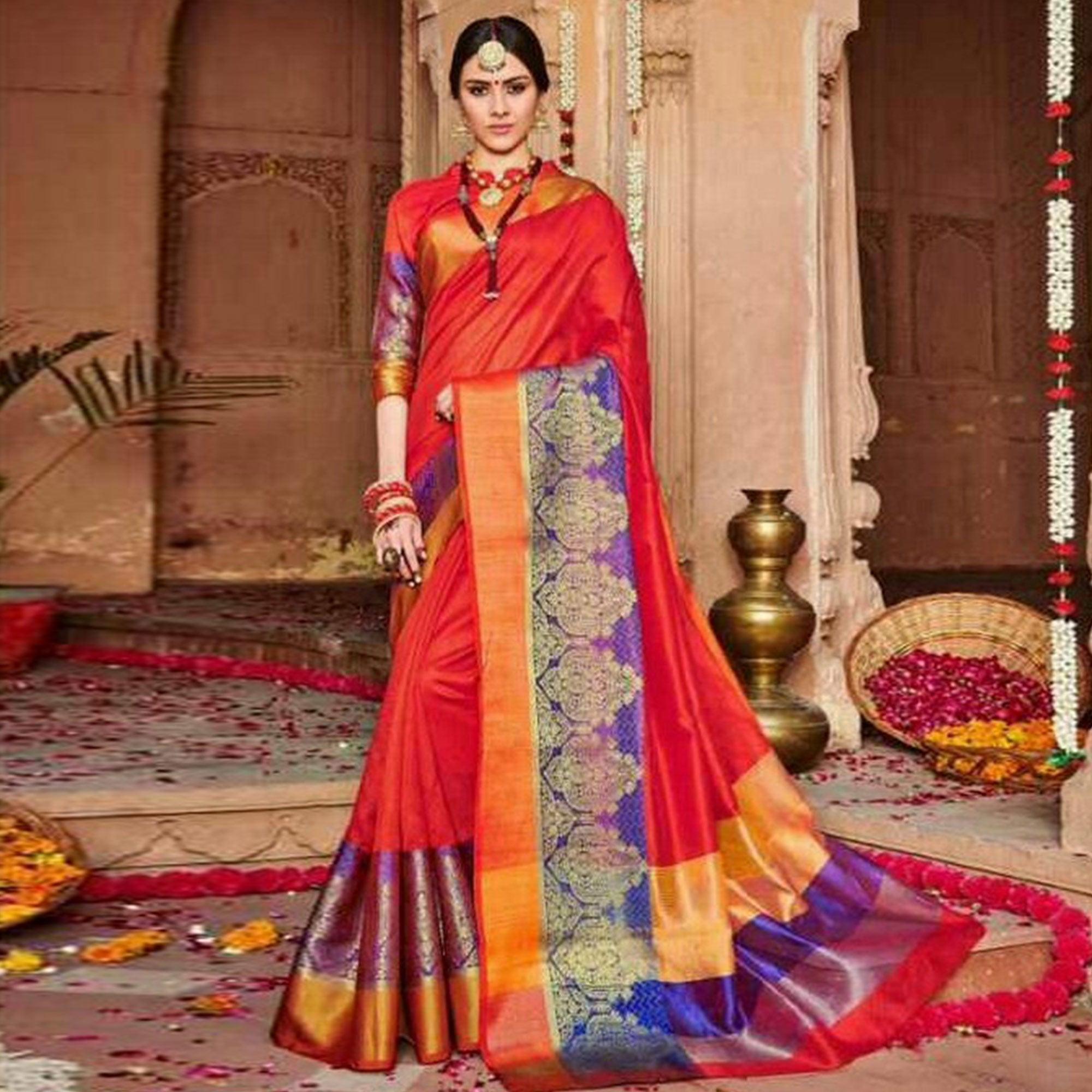 Blooming Red Colored Festive Wear Woven Art Silk Saree - Peachmode