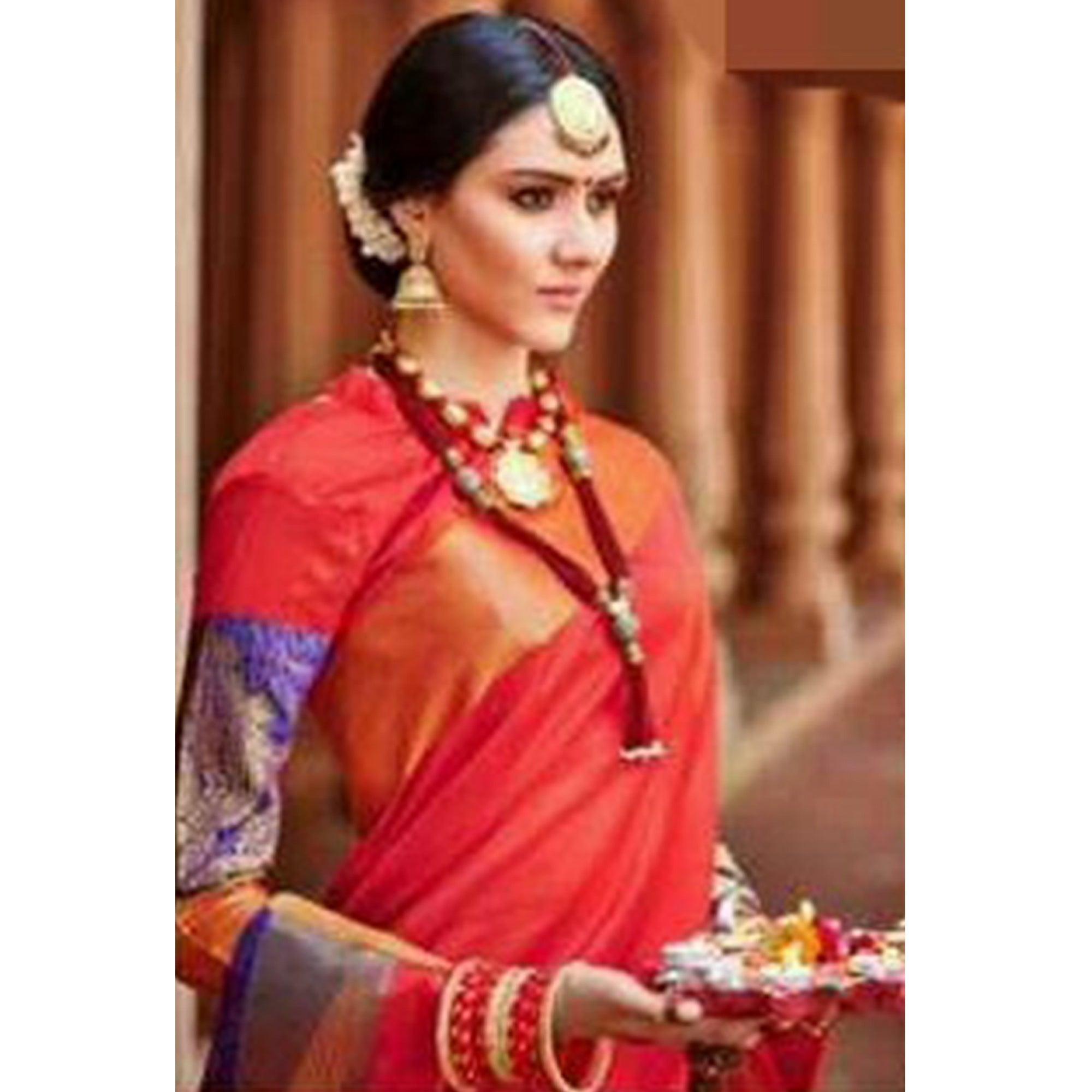 Blooming Red Colored Festive Wear Woven Art Silk Saree - Peachmode