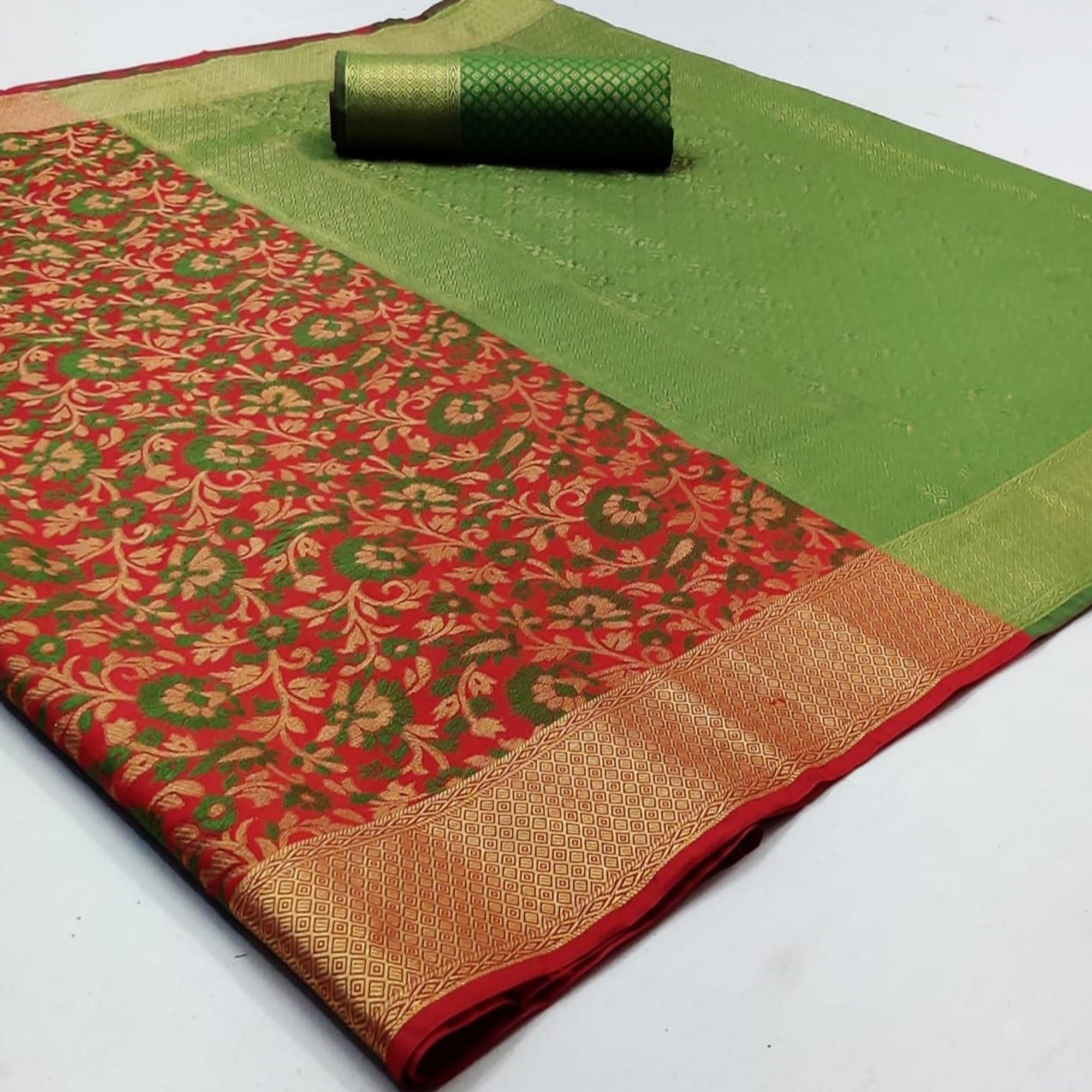 Blooming Red Colored Festive Wear Woven Patola Silk Saree - Peachmode