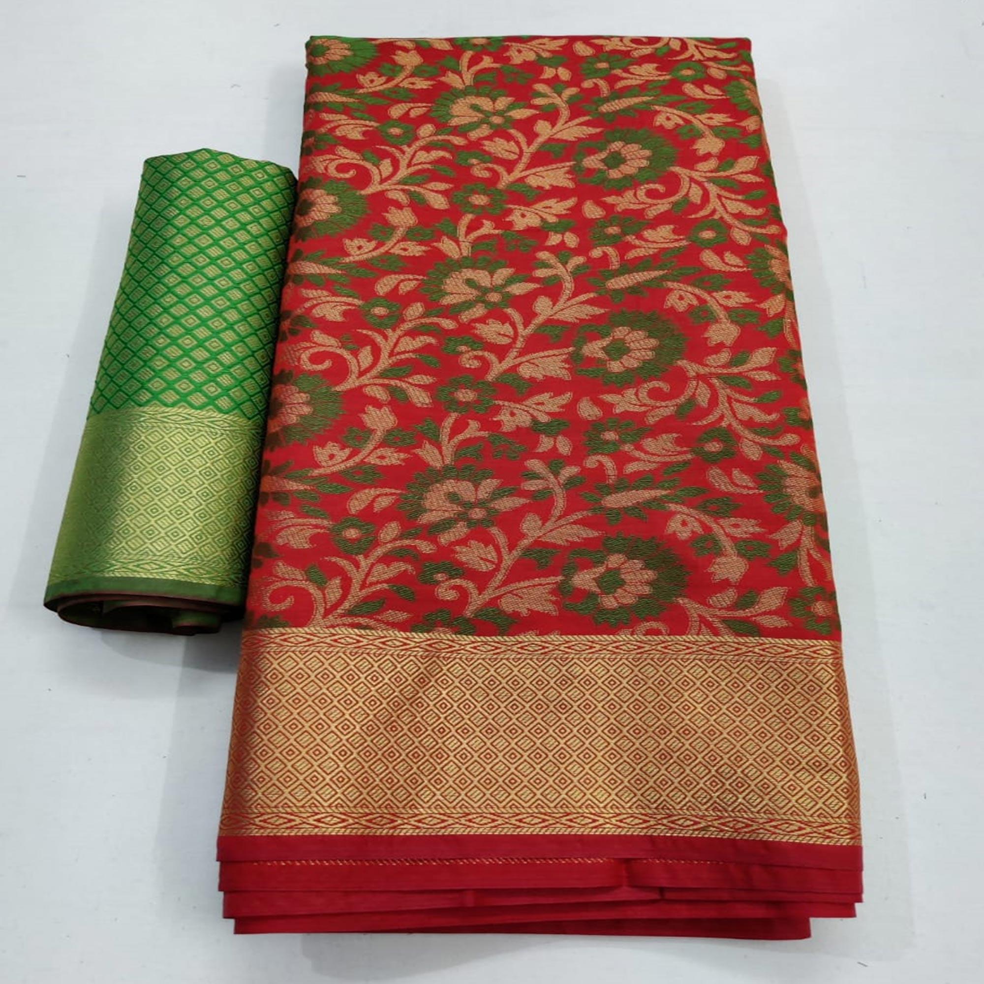 Blooming Red Colored Festive Wear Woven Patola Silk Saree - Peachmode