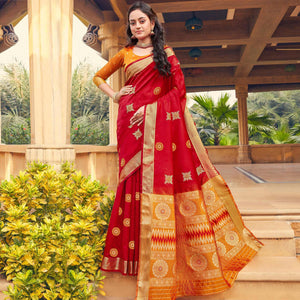 Blooming Red Colored Festive Wear Woven Silk Saree - Peachmode