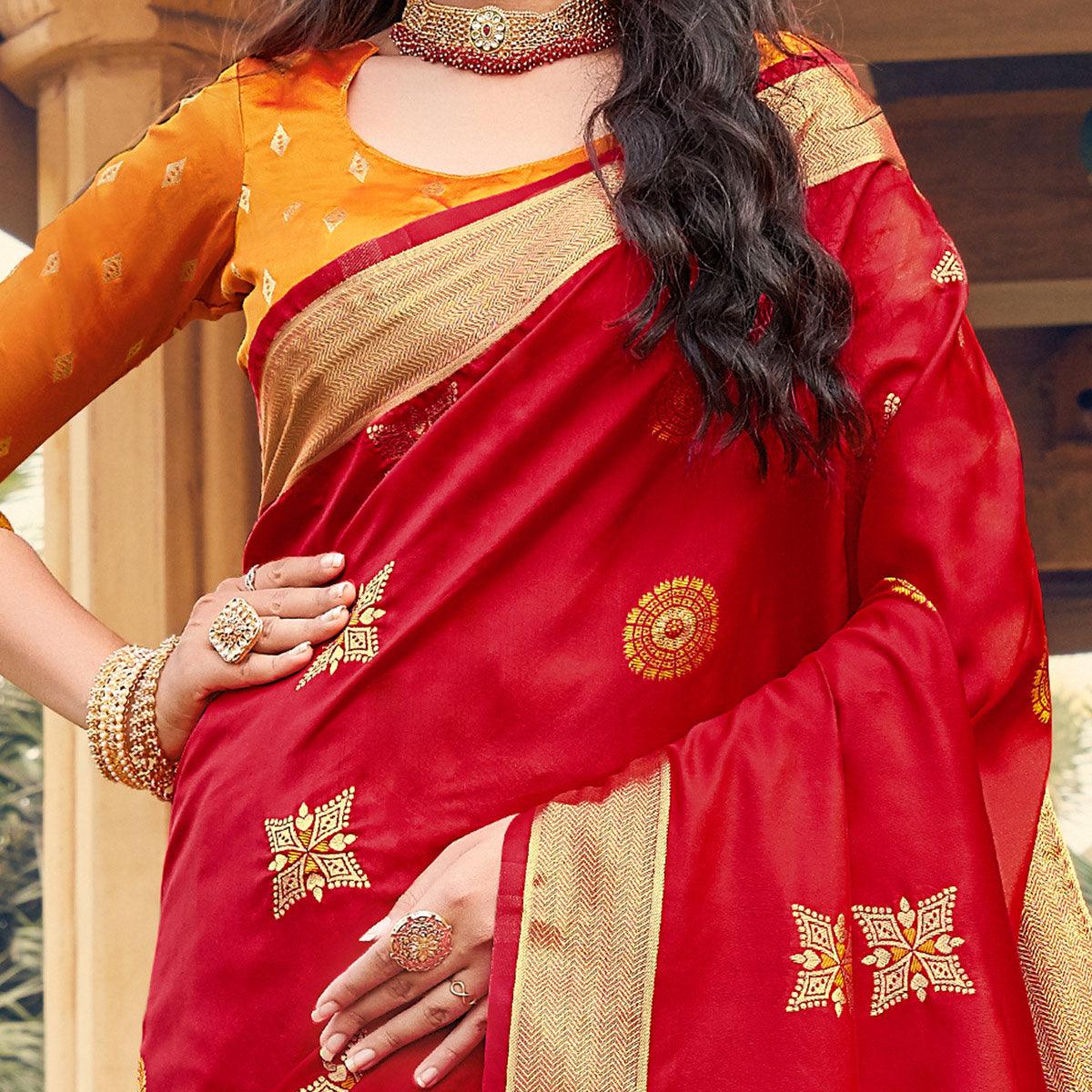 Blooming Red Colored Festive Wear Woven Silk Saree - Peachmode