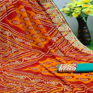 Blooming Red Colored Partywear Bandhani Printed Moss Georgette Saree - Peachmode