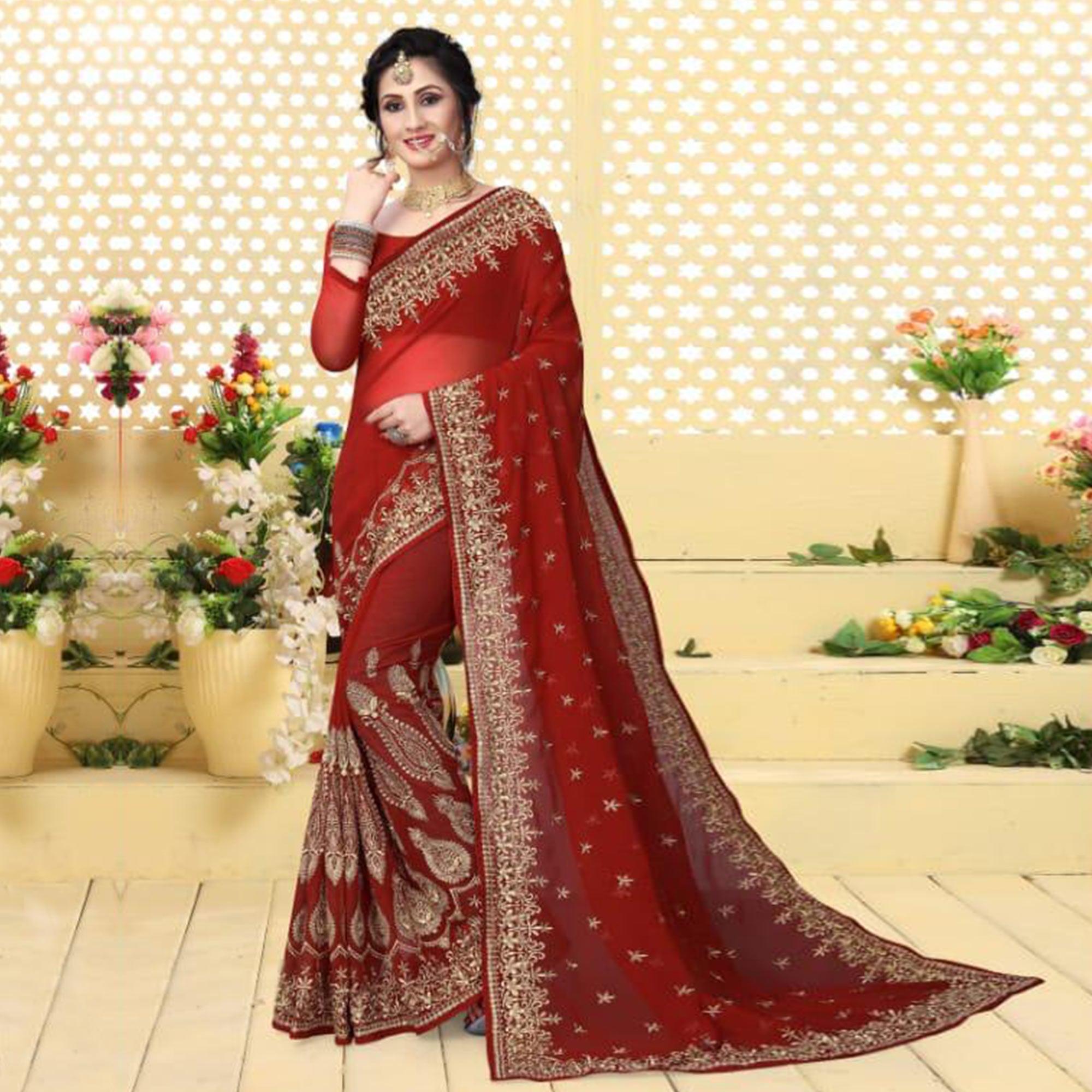 Blooming Red Colored Partywear Embroidered Georgette Saree - Peachmode