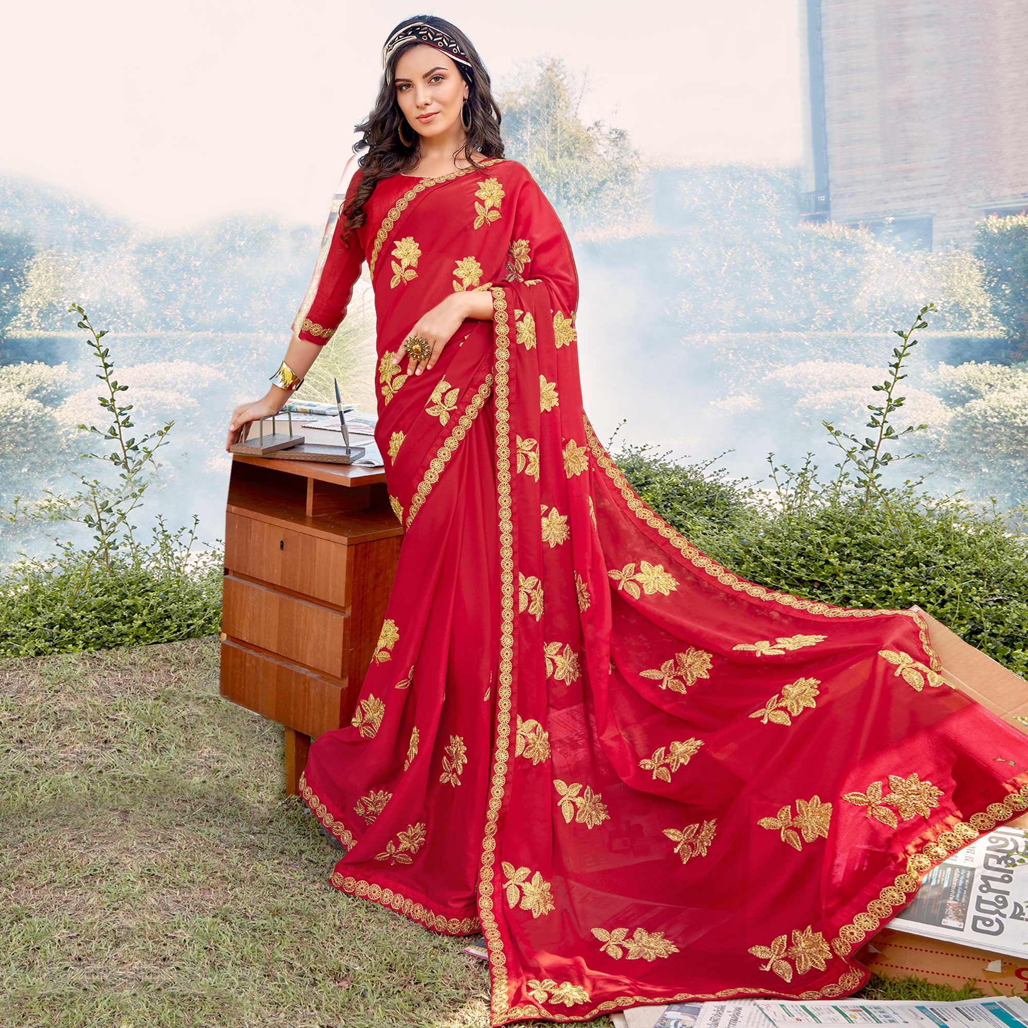 Blooming Red Colored Partywear Embroidered Georgette Saree - Peachmode