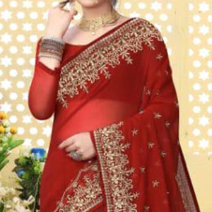 Blooming Red Colored Partywear Embroidered Georgette Saree - Peachmode