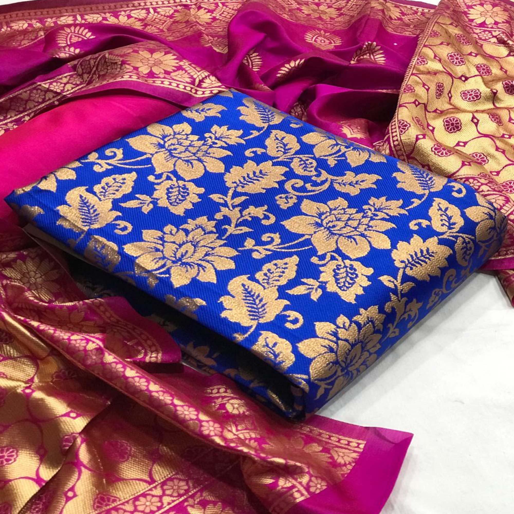 Blooming Royal Blue Colored Casual Wear Woven Banarasi Silk Dress Material - Peachmode