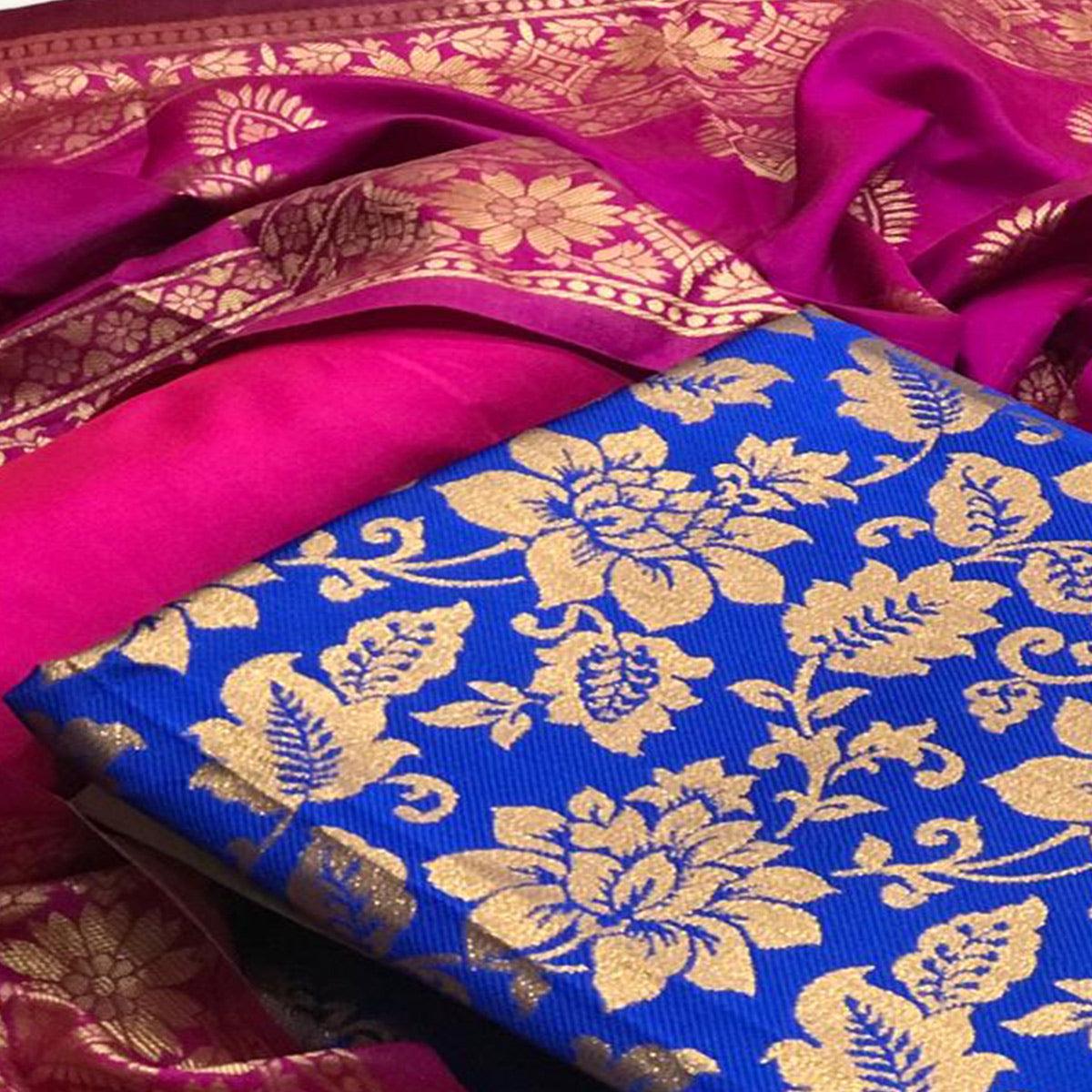 Blooming Royal Blue Colored Casual Wear Woven Banarasi Silk Dress Material - Peachmode