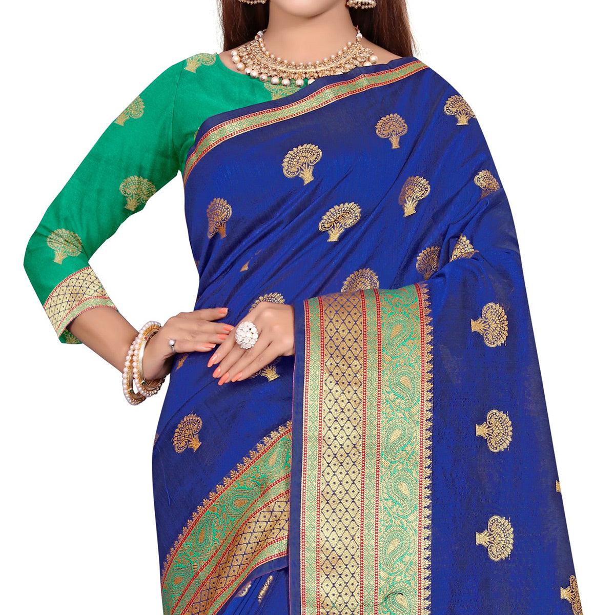 Blooming Royal Blue Colored Festive Wear Woven Art Silk Saree - Peachmode