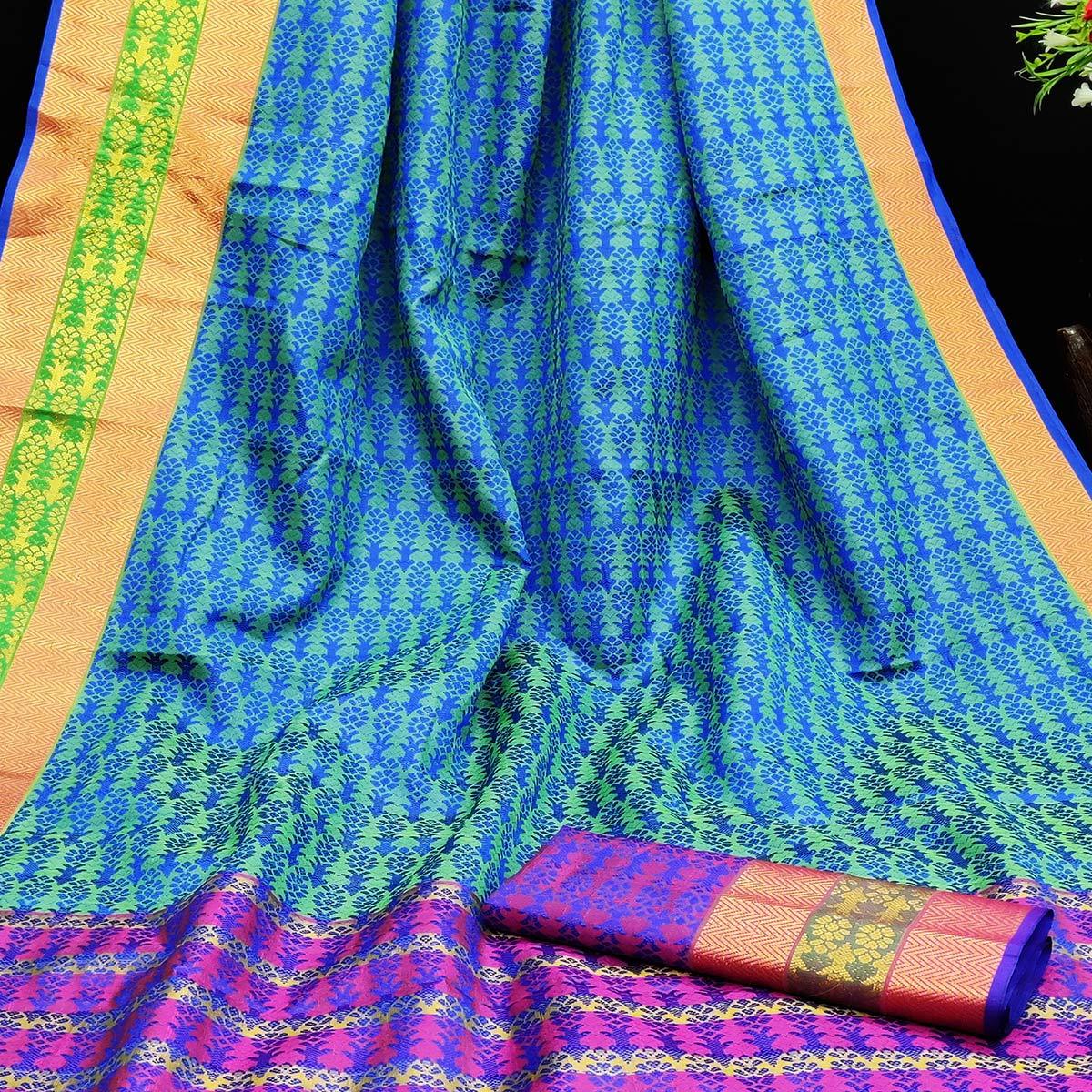 Blooming Royal Blue Colored Festive Wear Woven Jacqaurd Silk Saree - Peachmode
