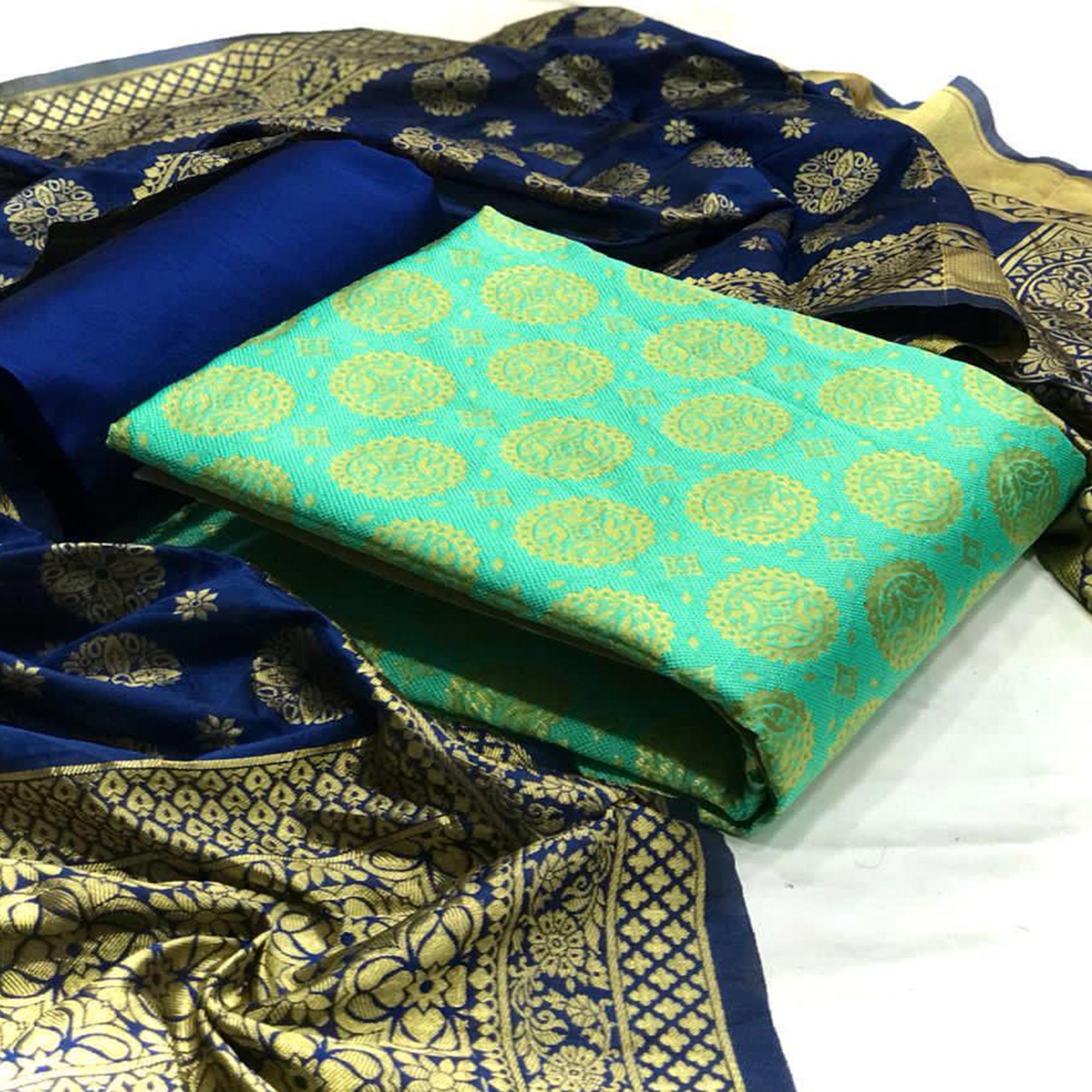 Blooming Sea Green Colored Casual Wear Banarasi Silk Dress Material - Peachmode