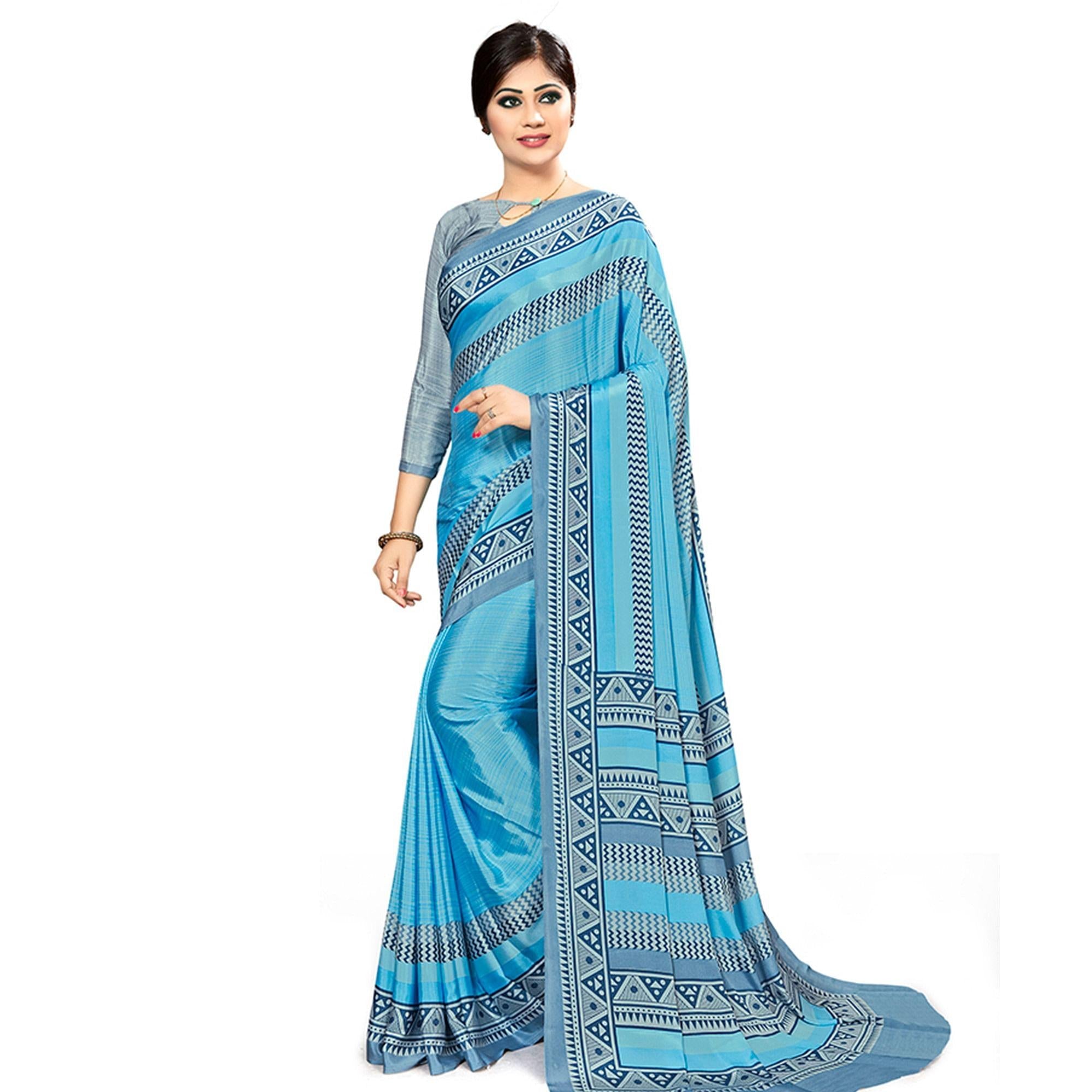 Blooming Sky Blue Colored Casual Wear Printed Crepe Saree - Peachmode
