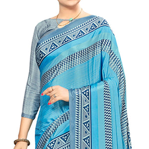 Blooming Sky Blue Colored Casual Wear Printed Crepe Saree - Peachmode