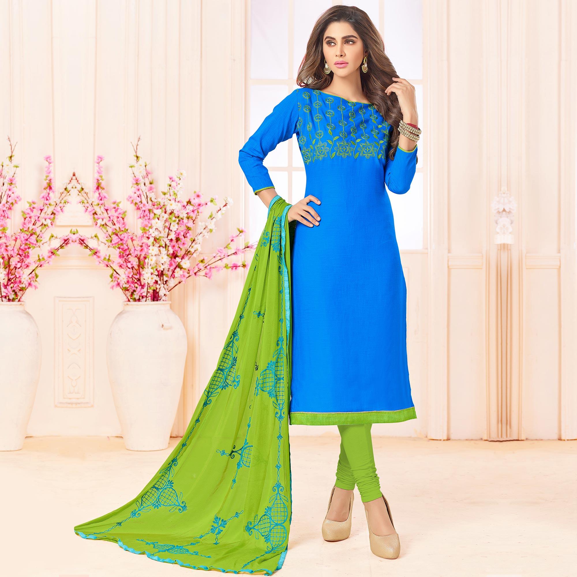 Blooming Sky Blue Colored Embroidered Cotton Dress Material - Peachmode