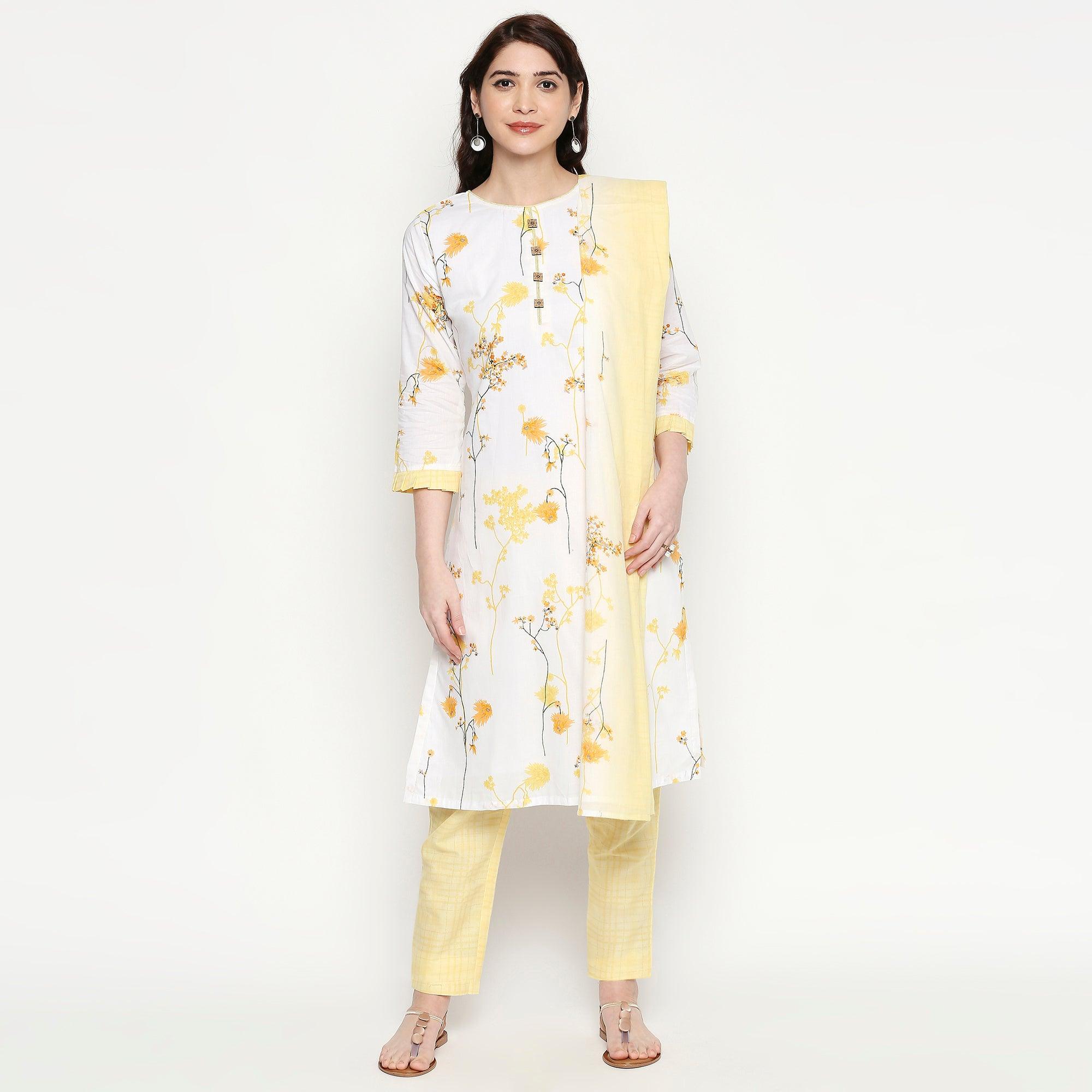 Blooming White-Yellow Colored Casual Wear Floral Printed Cotton Kurti-Pant Set With Dupatta - Peachmode