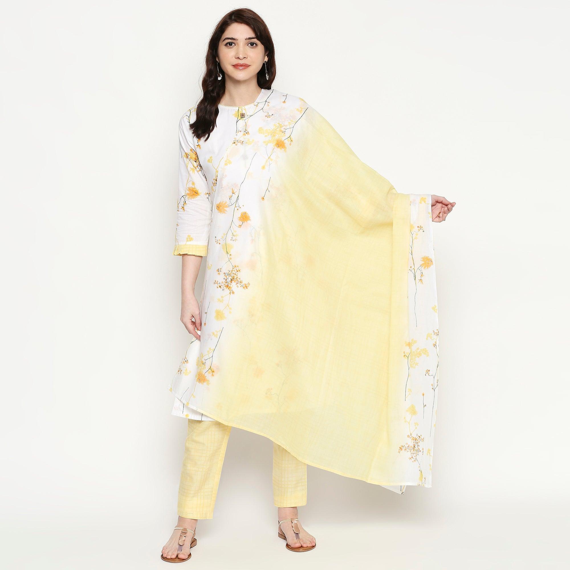 Blooming White-Yellow Colored Casual Wear Floral Printed Cotton Kurti-Pant Set With Dupatta - Peachmode