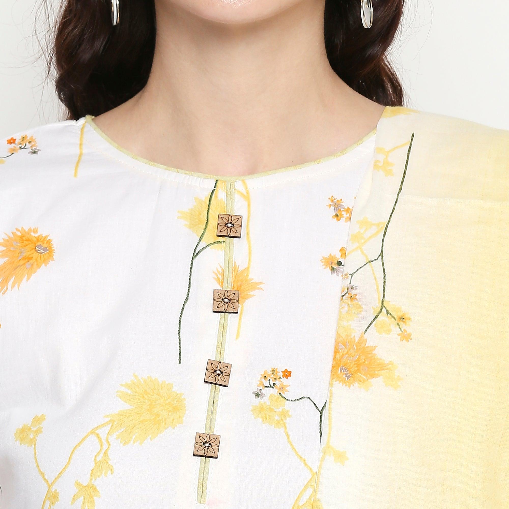 Blooming White-Yellow Colored Casual Wear Floral Printed Cotton Kurti-Pant Set With Dupatta - Peachmode