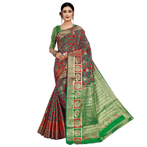 Blooming Wine Colored Festive Wear Woven Cotton Silk Saree - Peachmode