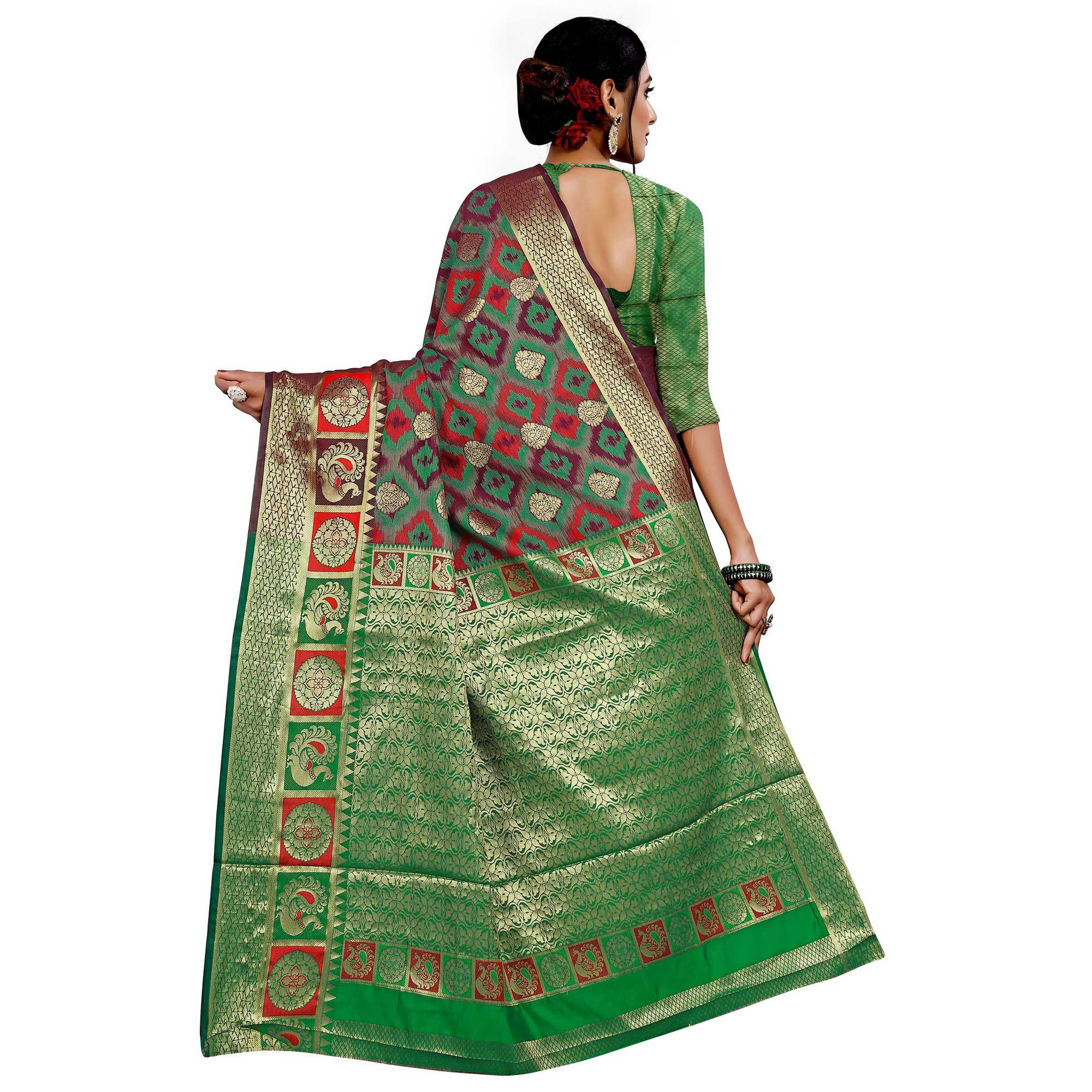 Blooming Wine Colored Festive Wear Woven Cotton Silk Saree - Peachmode