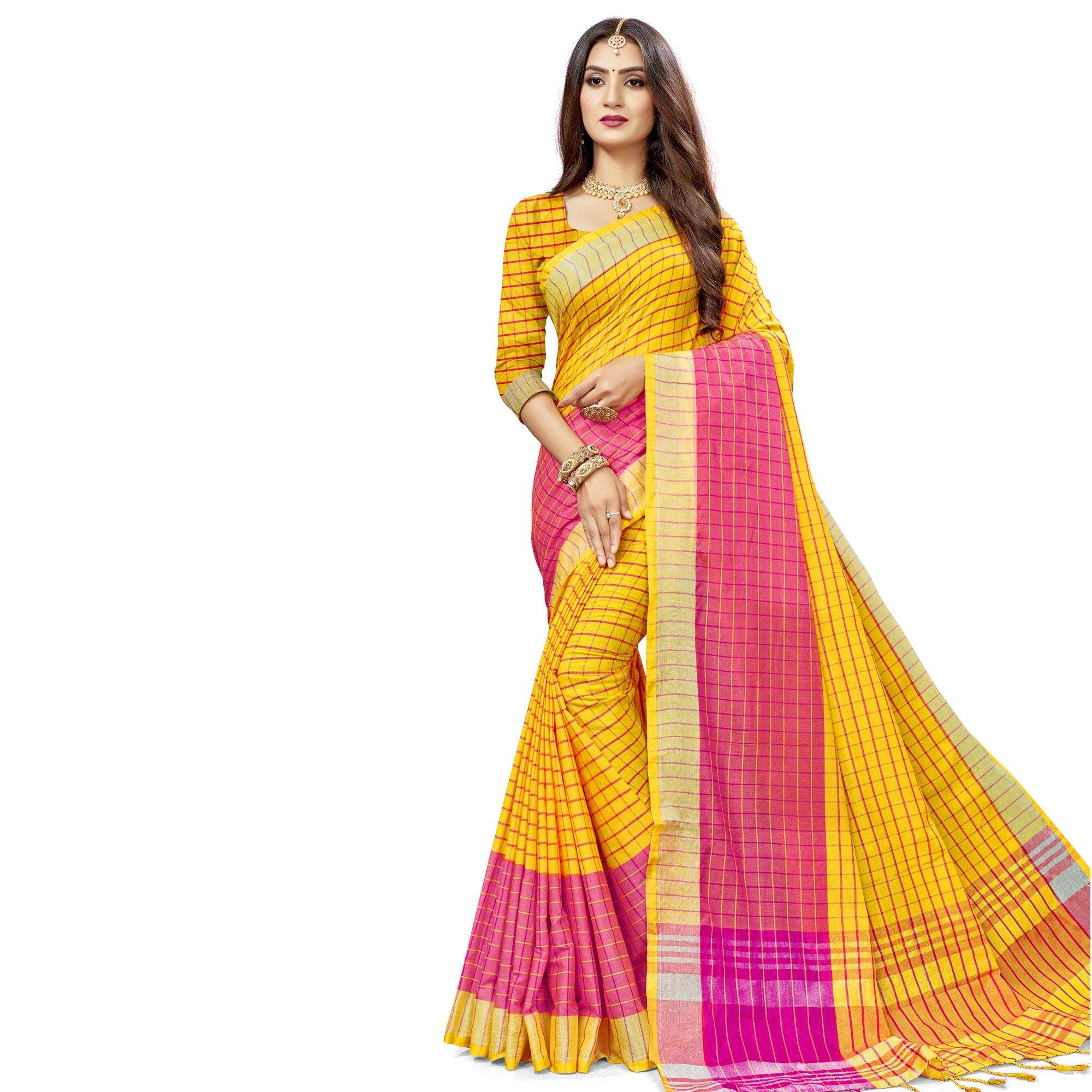 Blooming Yellow Colored Fesive Wear Checks Print Cotton Silk Saree With Tassels - Peachmode