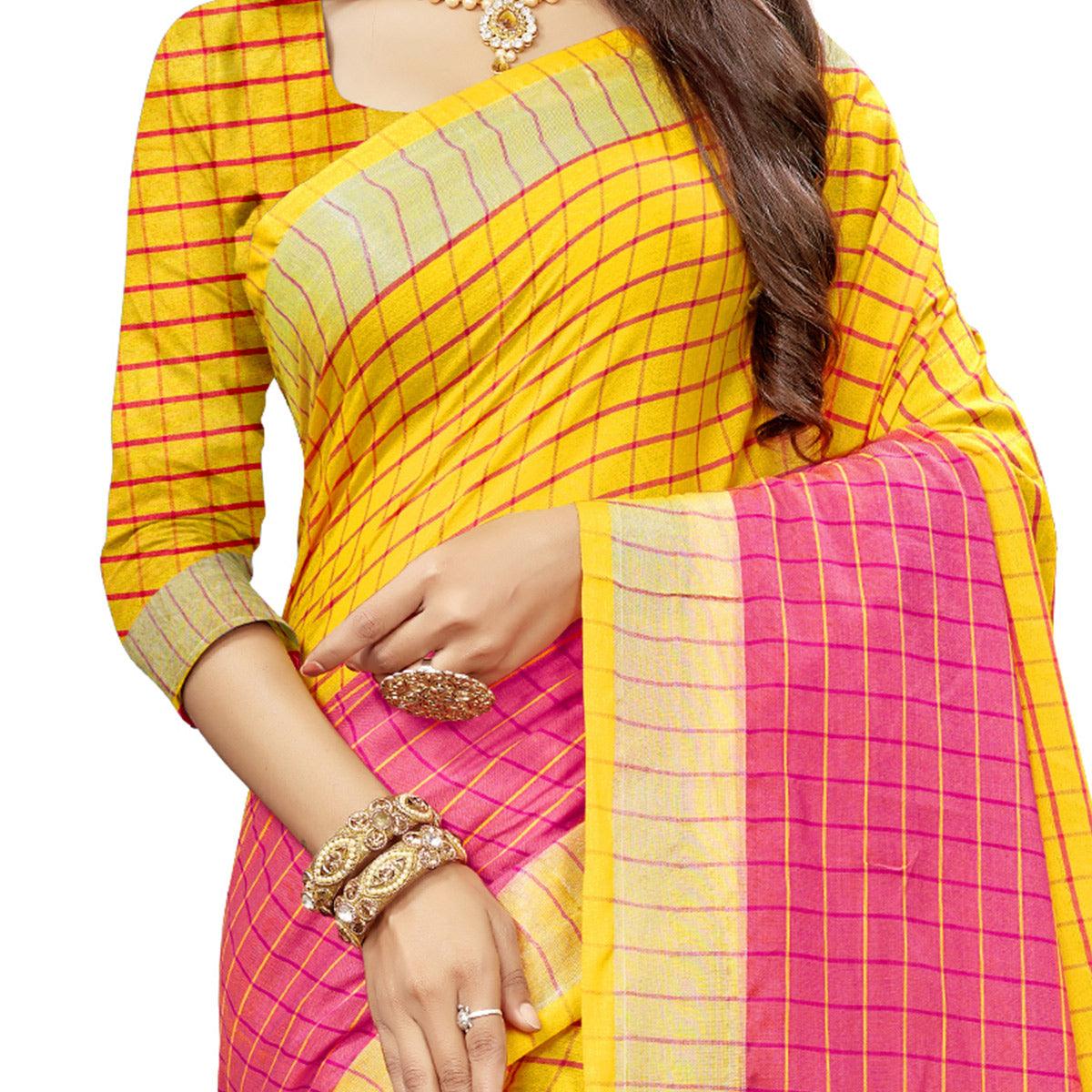 Blooming Yellow Colored Fesive Wear Checks Print Cotton Silk Saree With Tassels - Peachmode