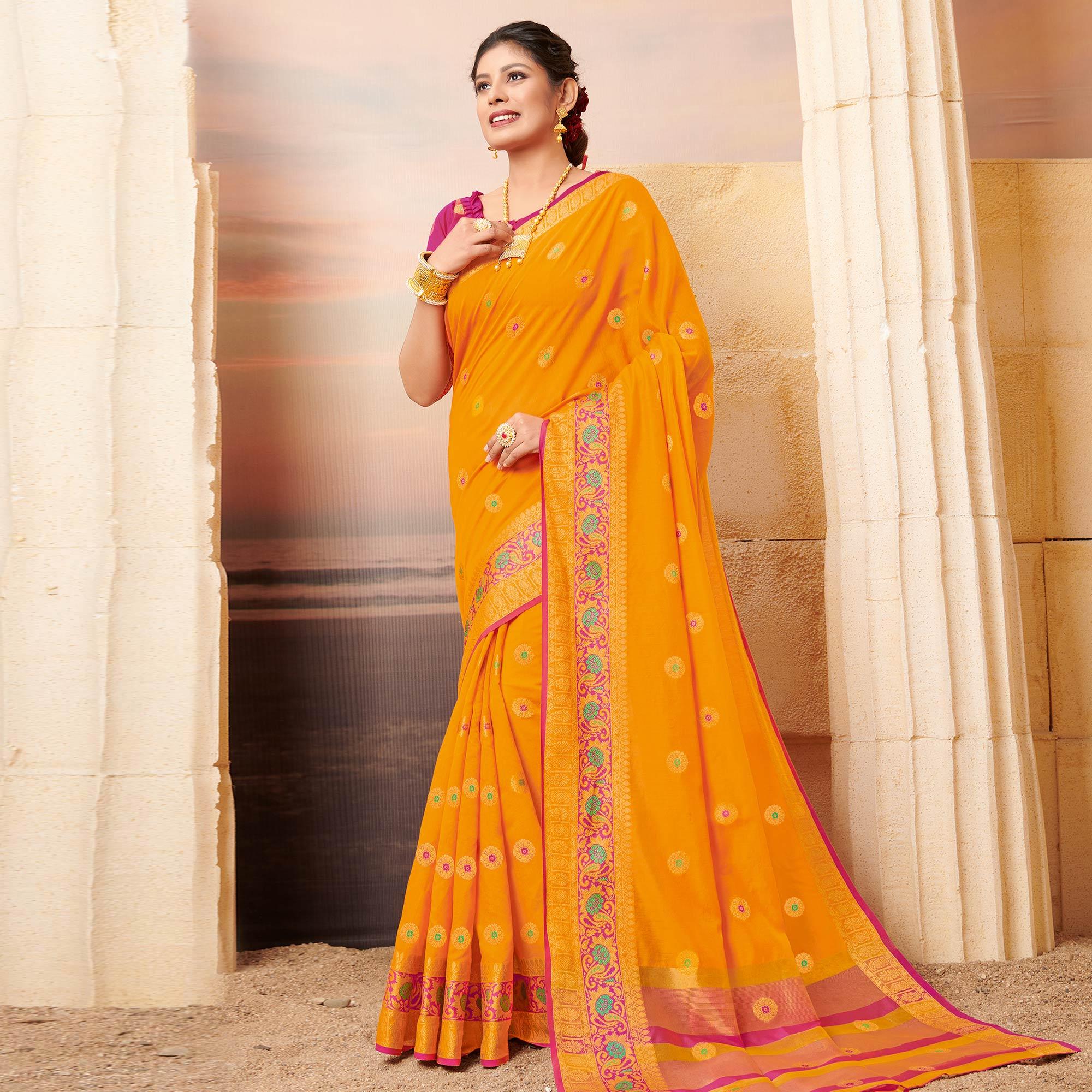 Blooming Yellow Colored Festive Wear Woven Cotton Saree - Peachmode