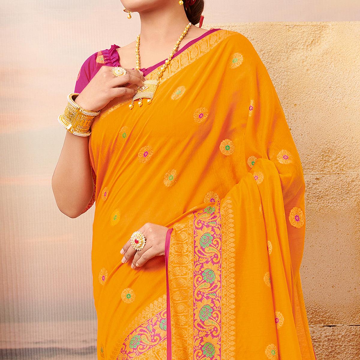 Blooming Yellow Colored Festive Wear Woven Cotton Saree - Peachmode
