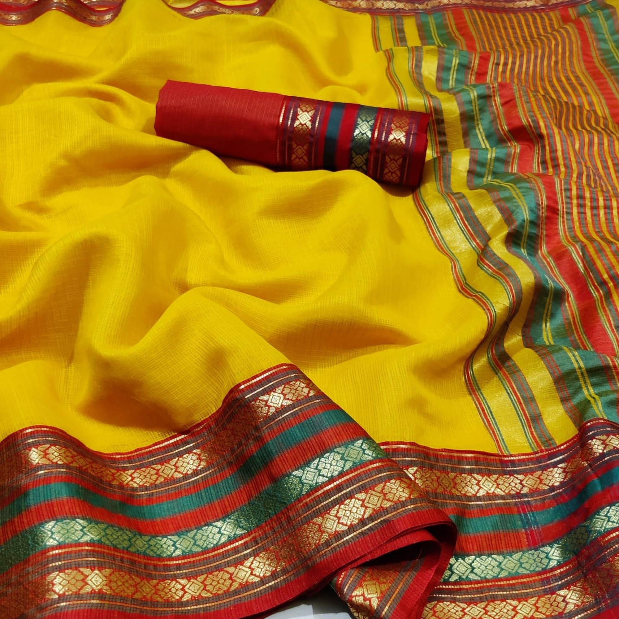 Blooming Yellow Colored Festive Wear Woven Silk Saree - Peachmode