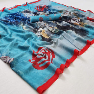 Blue Abstract Digital Printed Georgette Saree - Peachmode