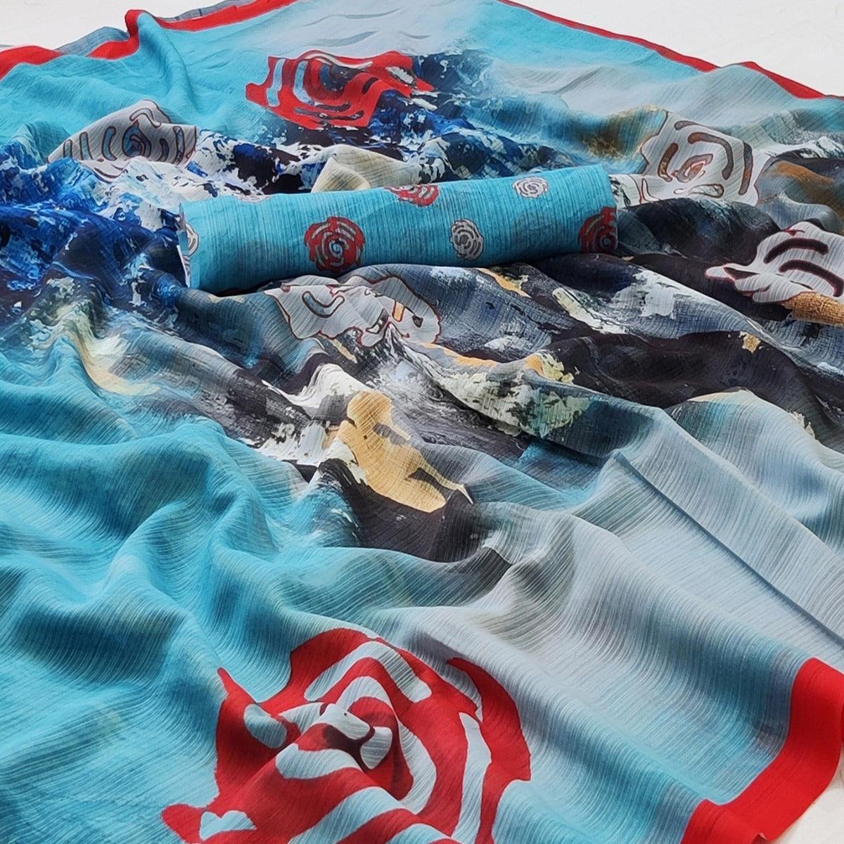 Blue Abstract Digital Printed Georgette Saree - Peachmode