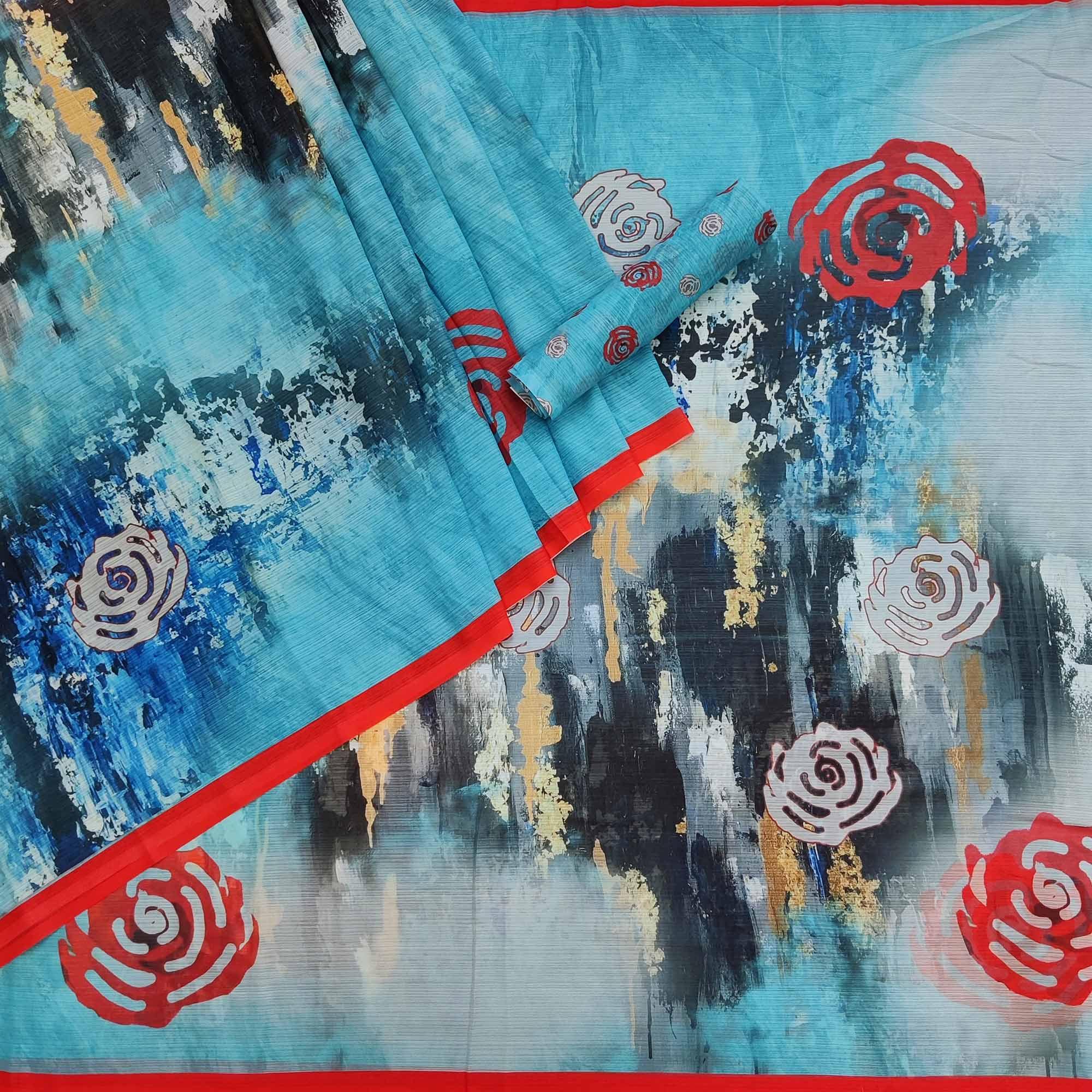 Blue Abstract Digital Printed Georgette Saree - Peachmode