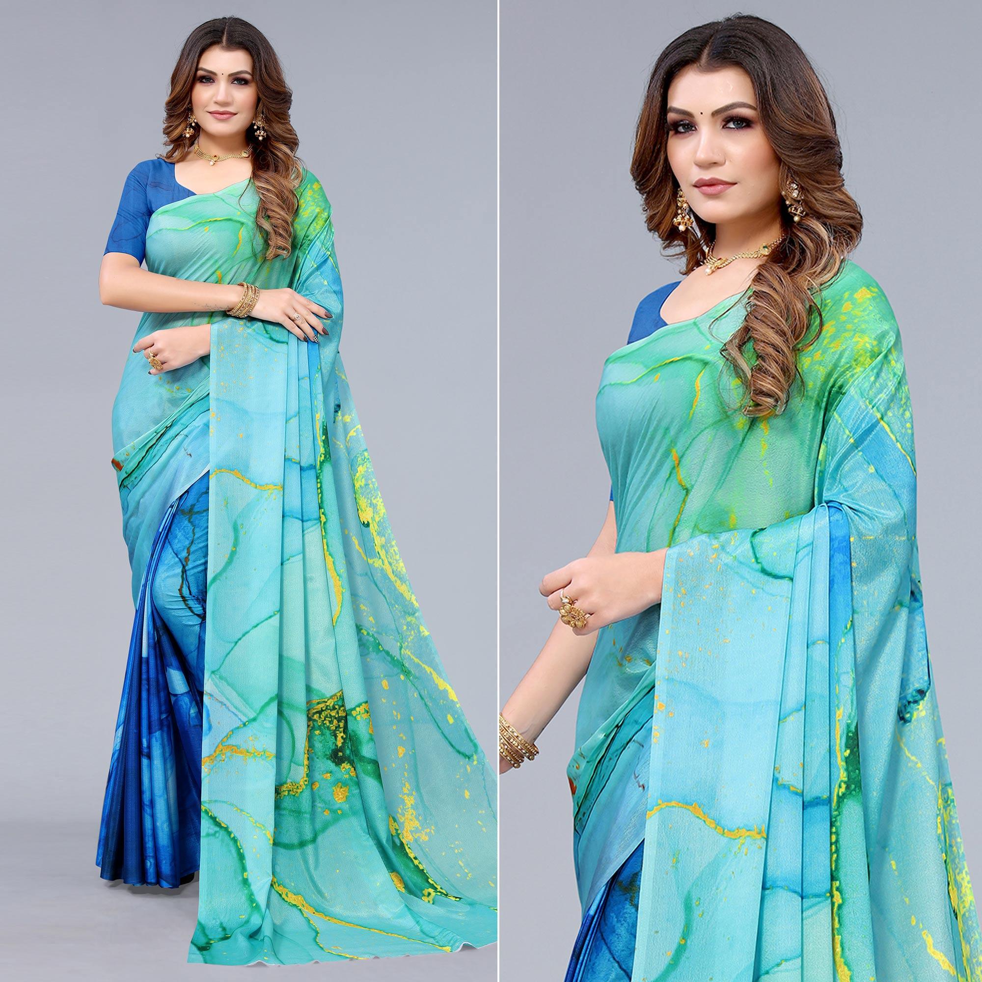 Blue Abtsract Printed Chiffon Half And Half Saree - Peachmode