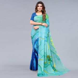 Blue Abtsract Printed Chiffon Half And Half Saree - Peachmode