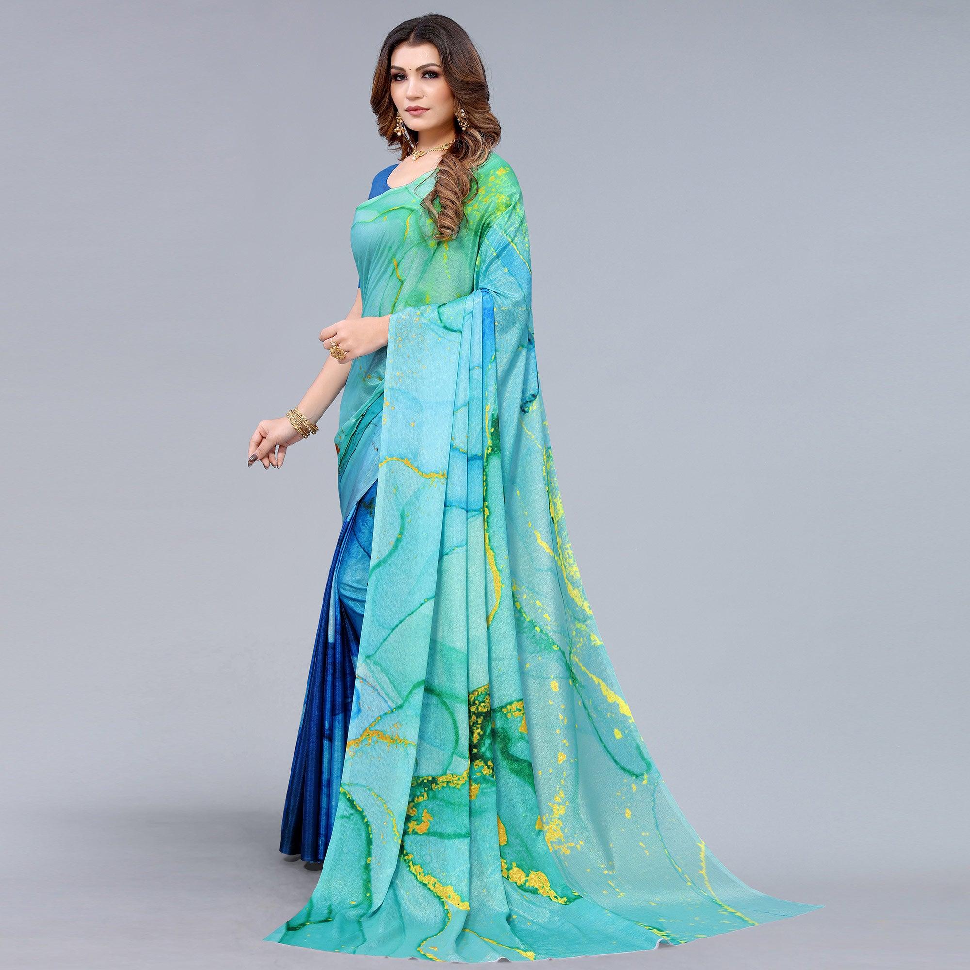 Blue Abtsract Printed Chiffon Half And Half Saree - Peachmode